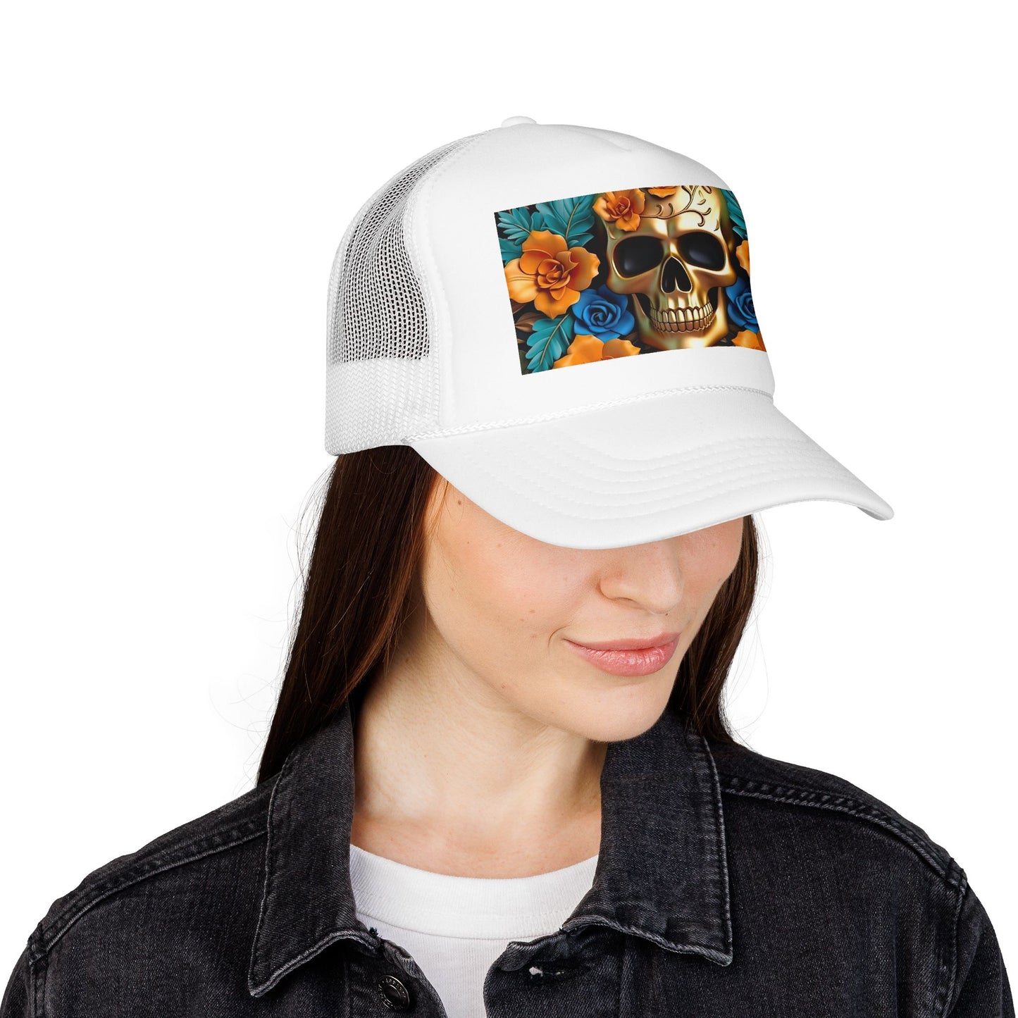 Sugar Skull Trucker Hat — Floral Day of the Dead Foam Cap