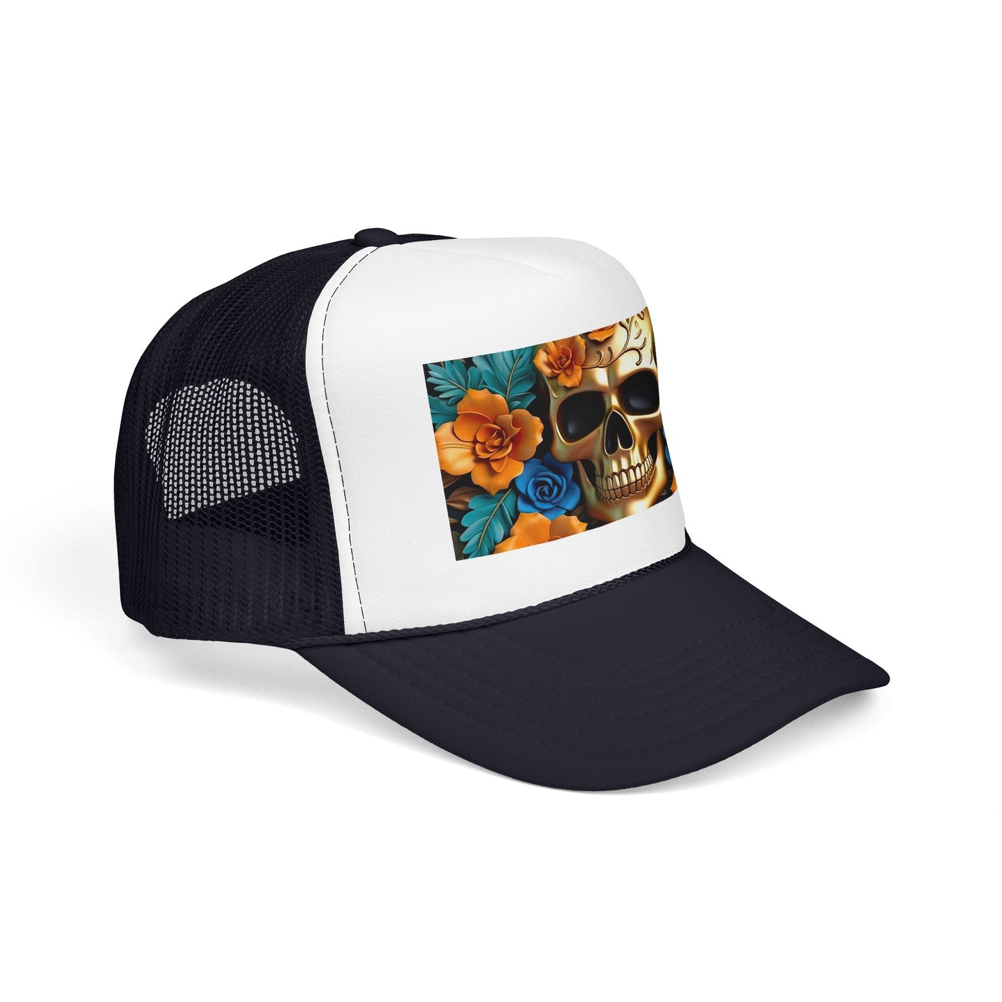 Sugar Skull Trucker Hat — Floral Day of the Dead Foam Cap