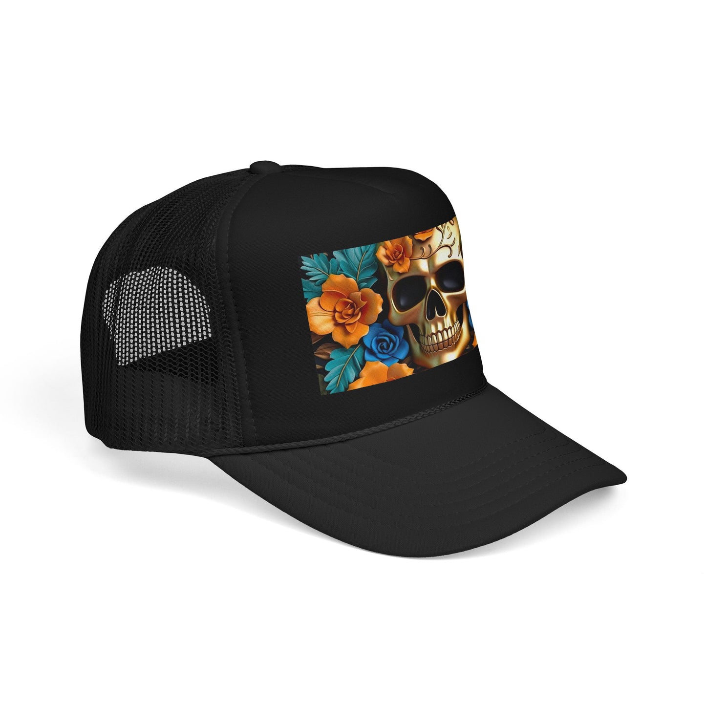 Sugar Skull Trucker Hat — Floral Day of the Dead Foam Cap