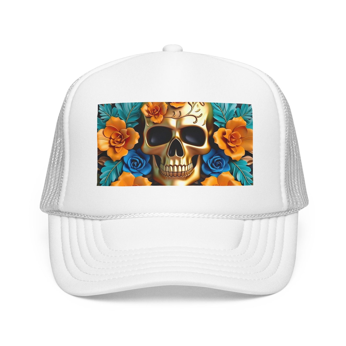 Sugar Skull Trucker Hat — Floral Day of the Dead Foam Cap