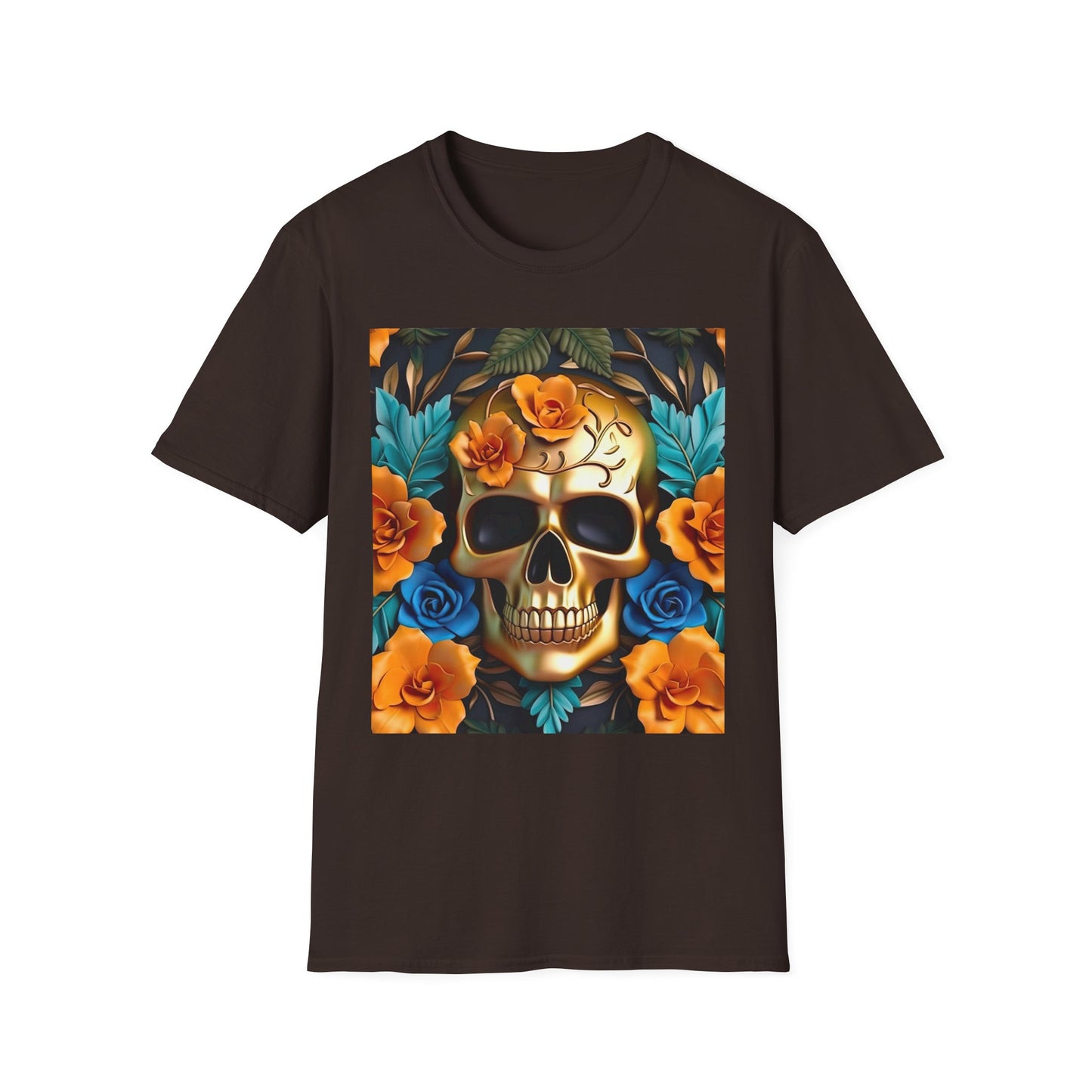 Floral Skull T-Shirt — Day of the Dead Sugar Skull Tee with Orange Roses
