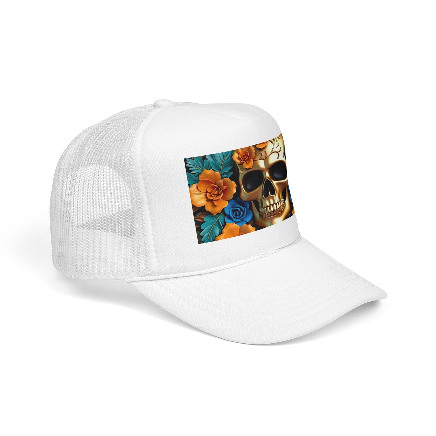 Sugar Skull Trucker Hat — Floral Day of the Dead Foam Cap