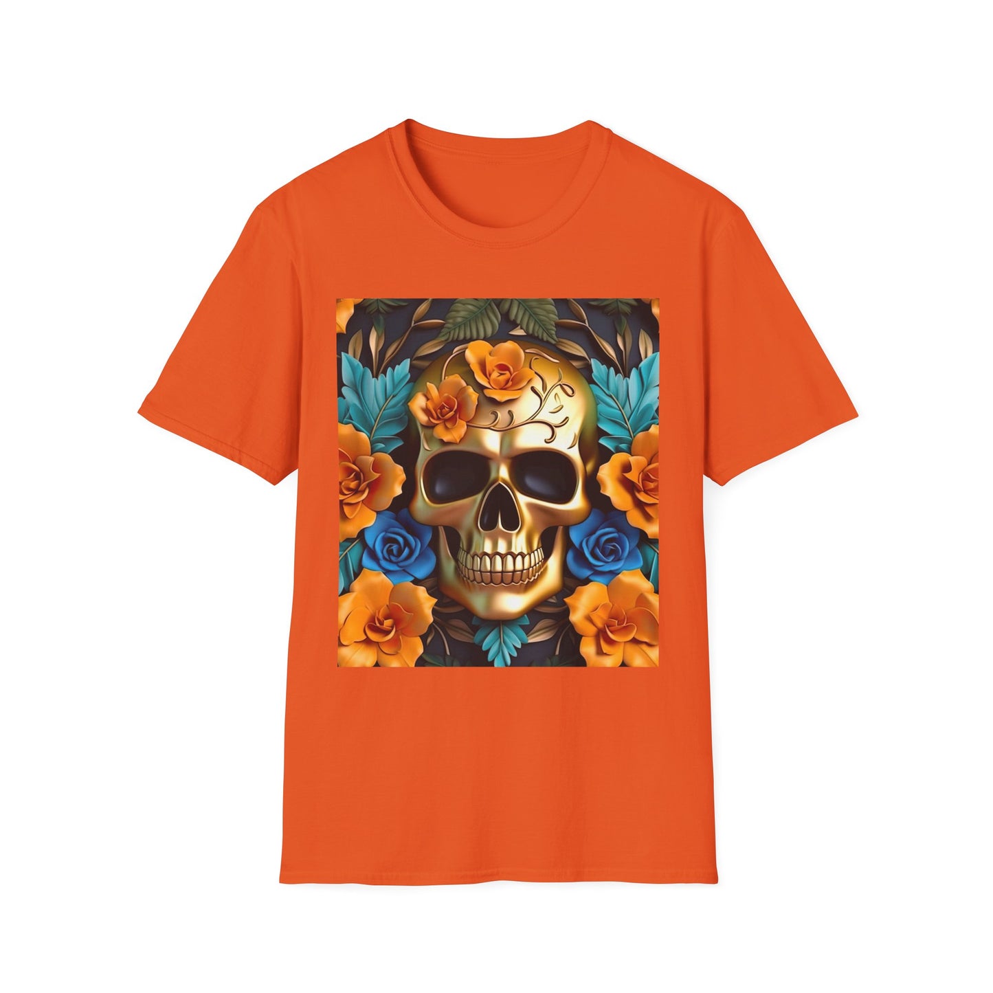 Floral Skull T-Shirt — Day of the Dead Sugar Skull Tee with Orange Roses