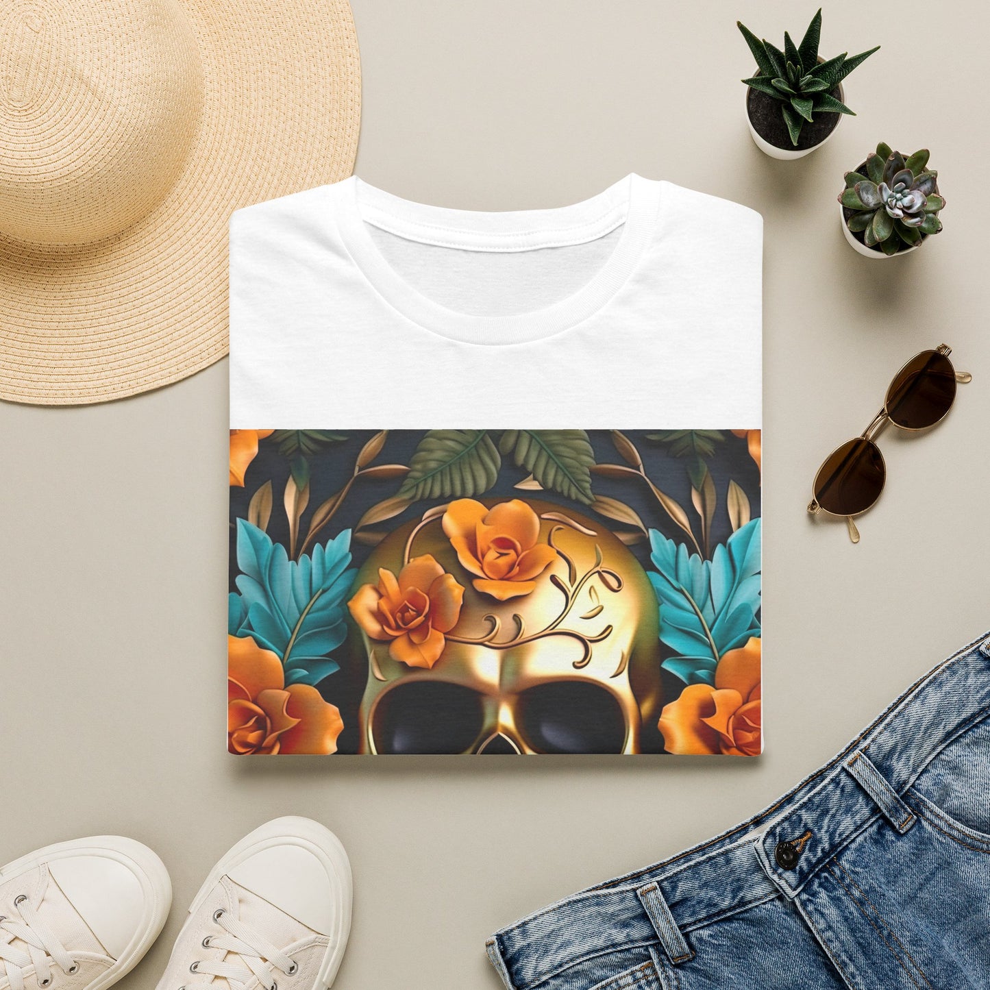 Floral Skull T-Shirt — Day of the Dead Sugar Skull Tee with Orange Roses
