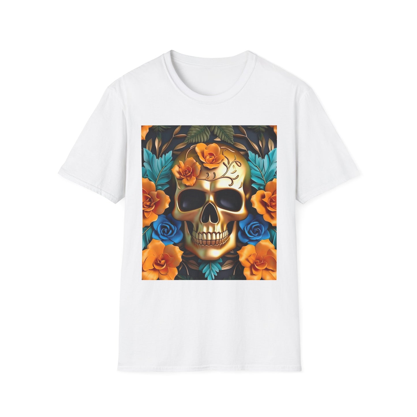 Floral Skull T-Shirt — Day of the Dead Sugar Skull Tee with Orange Roses