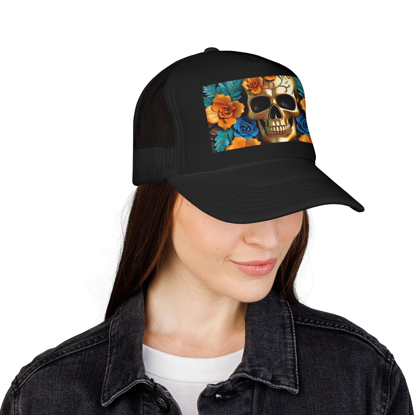Sugar Skull Trucker Hat — Floral Day of the Dead Foam Cap