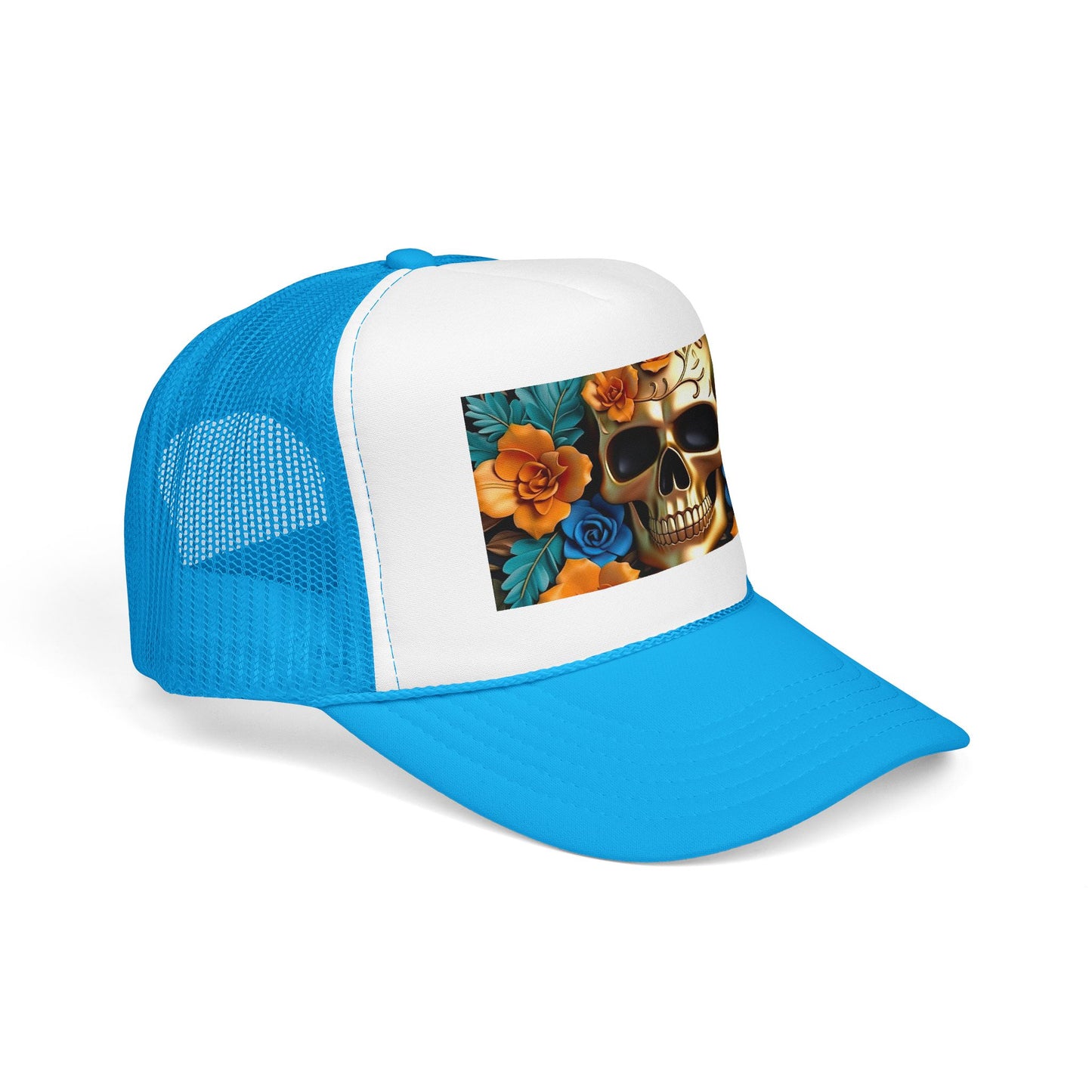 Sugar Skull Trucker Hat — Floral Day of the Dead Foam Cap