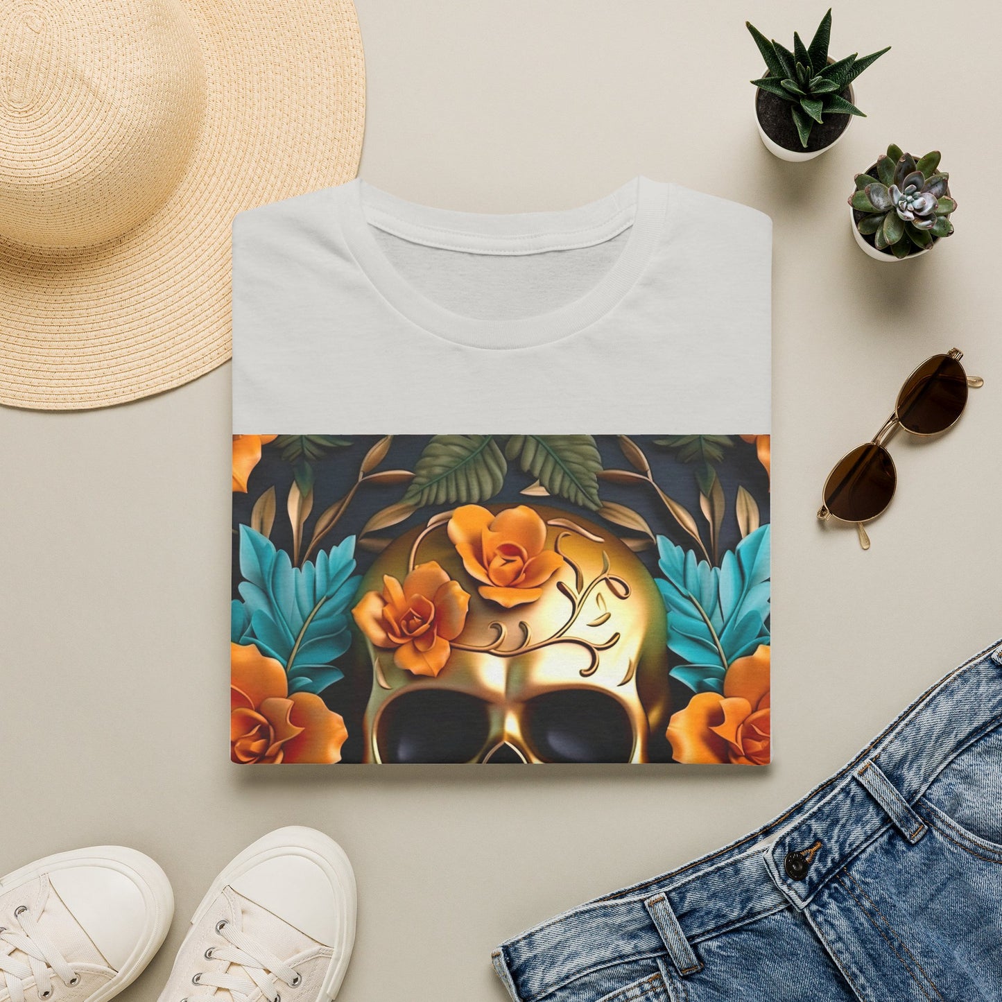Floral Skull T-Shirt — Day of the Dead Sugar Skull Tee with Orange Roses