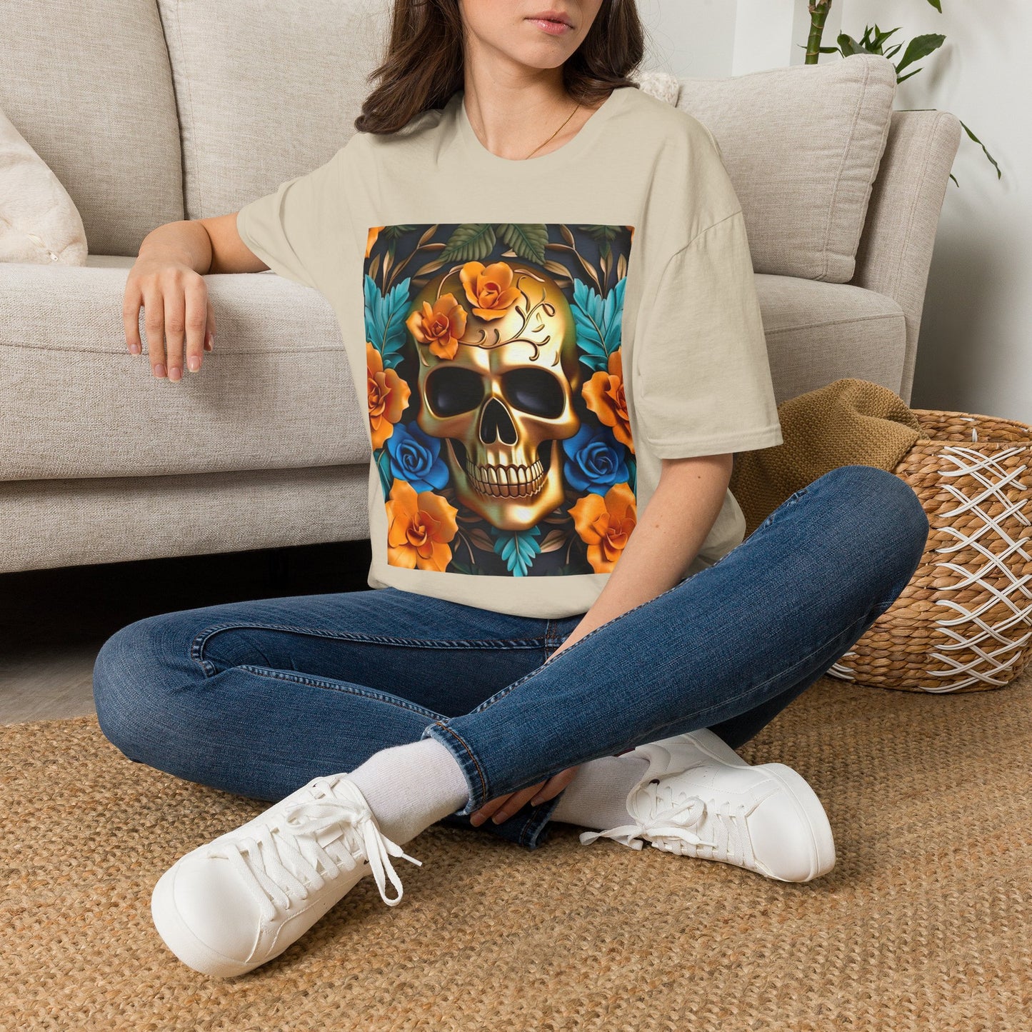 Floral Skull T-Shirt — Day of the Dead Sugar Skull Tee with Orange Roses