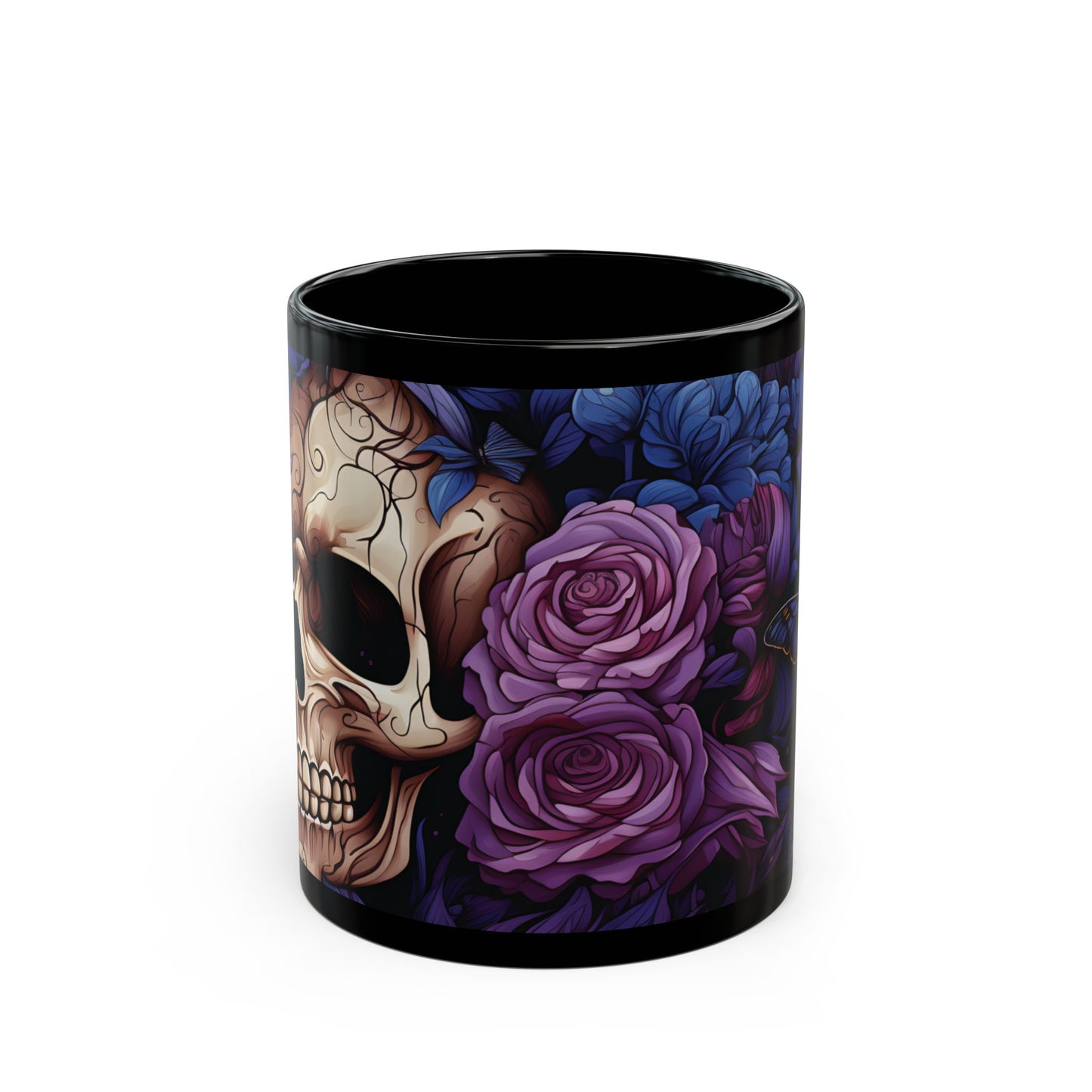Skull & Purple Roses Black Mug — Gothic Floral Coffee Cup (11oz/15oz)