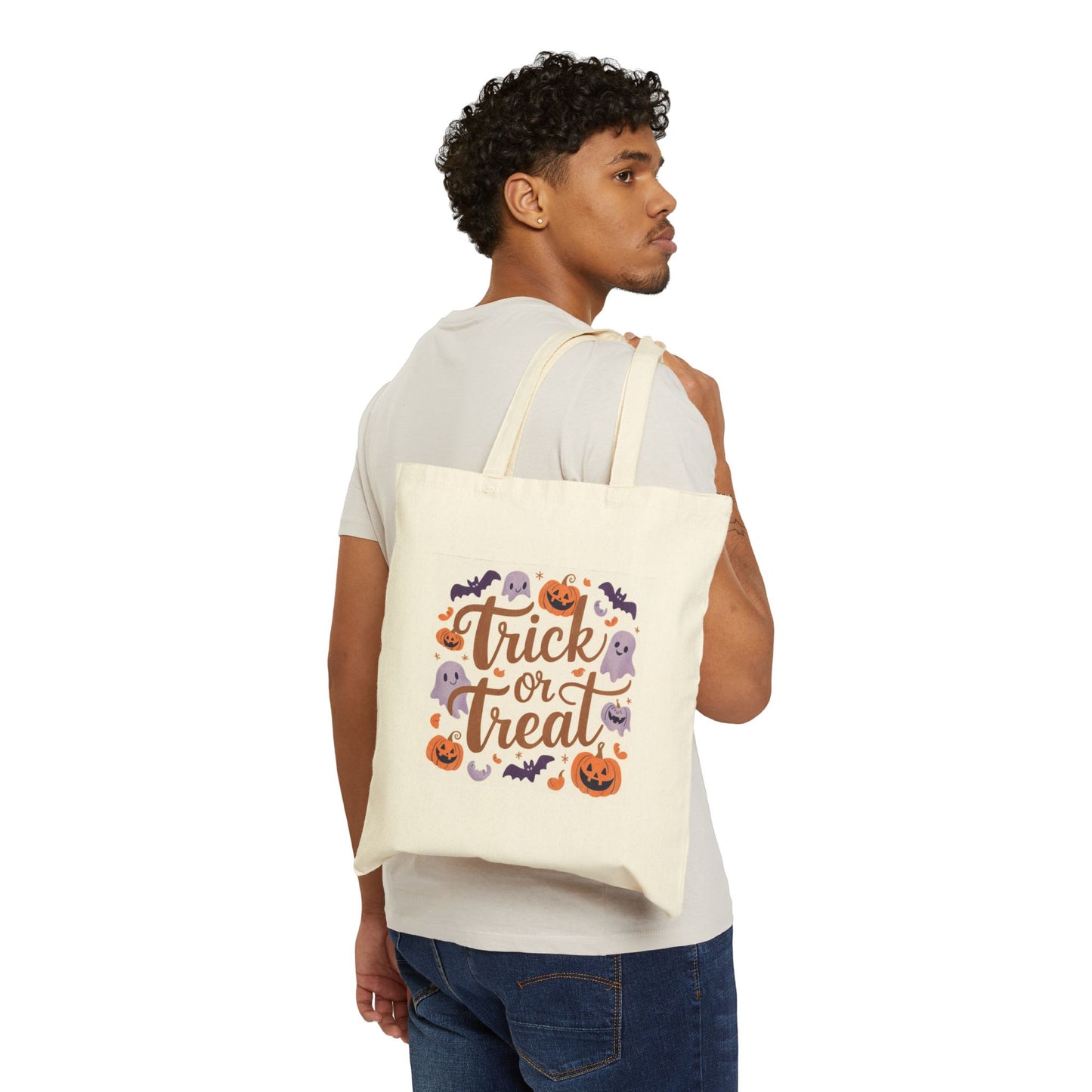 Halloween Trick or Treat Tote Bag — Cotton Canvas Candy Bag with Pumpkins & Ghosts
