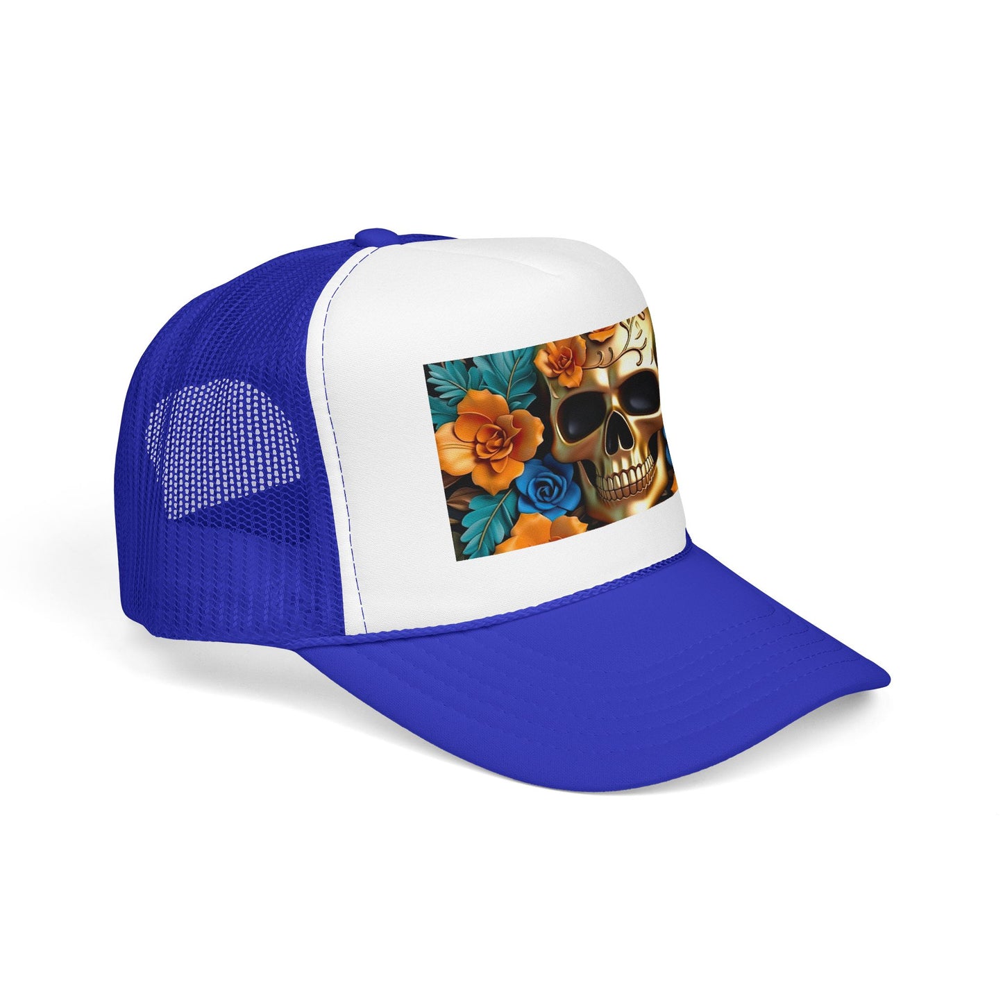 Sugar Skull Trucker Hat — Floral Day of the Dead Foam Cap