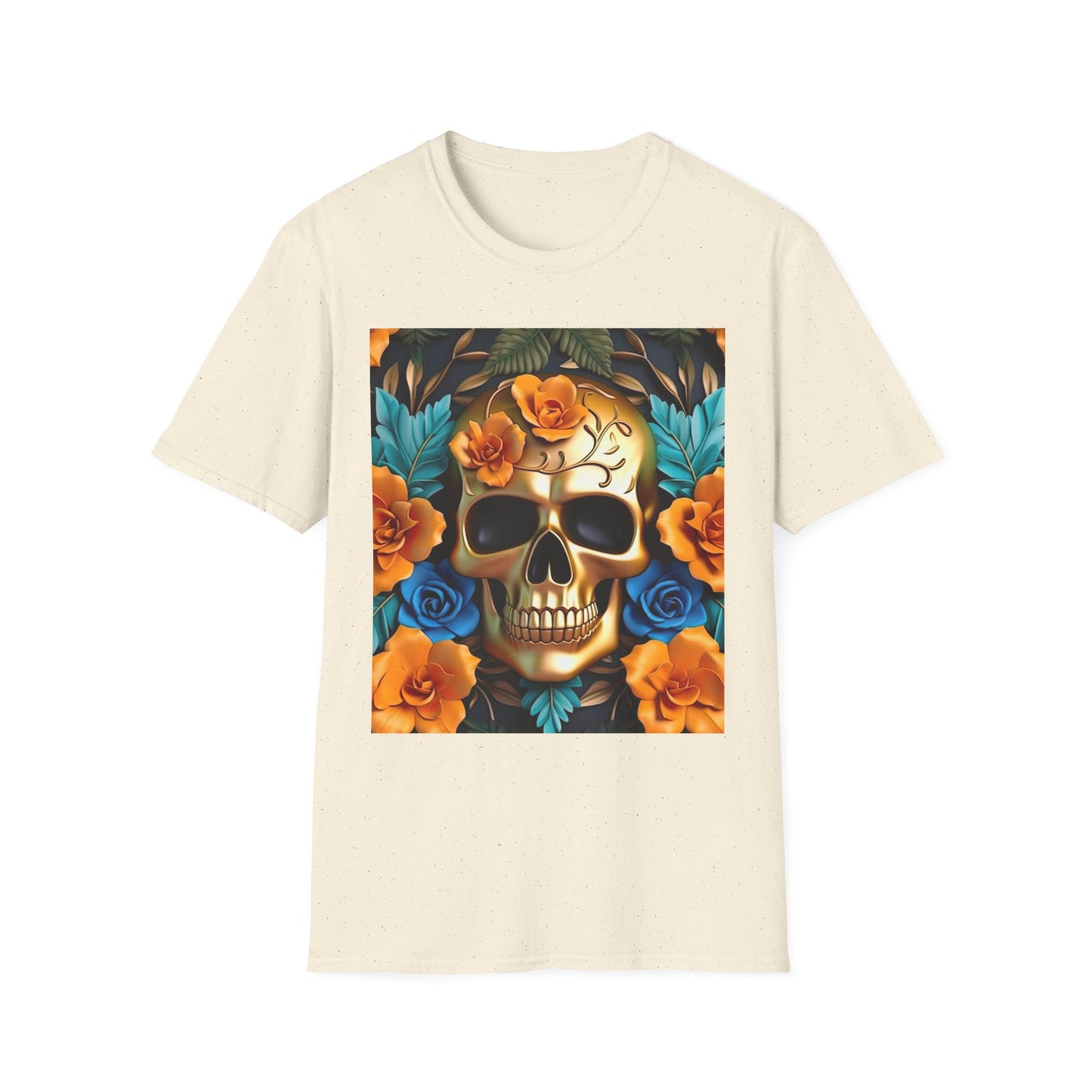 Floral Skull T-Shirt — Day of the Dead Sugar Skull Tee with Orange Roses