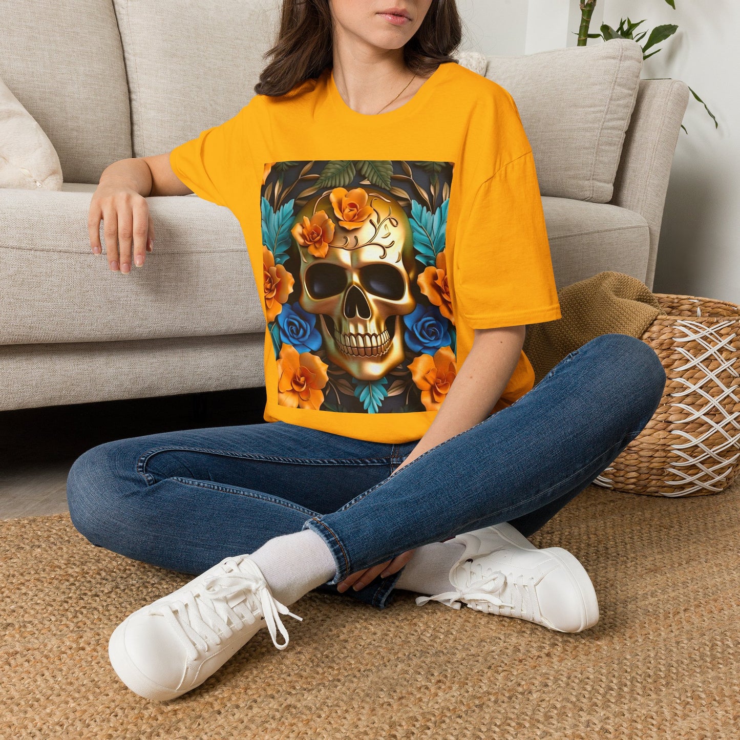 Floral Skull T-Shirt — Day of the Dead Sugar Skull Tee with Orange Roses