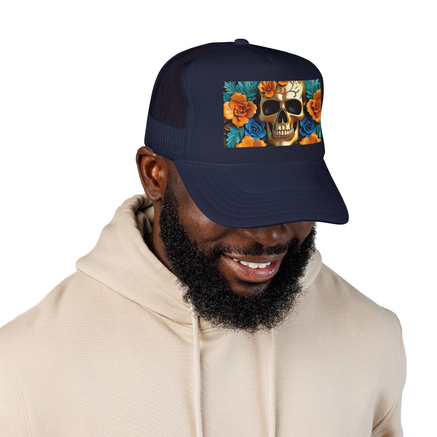 Sugar Skull Trucker Hat — Floral Day of the Dead Foam Cap