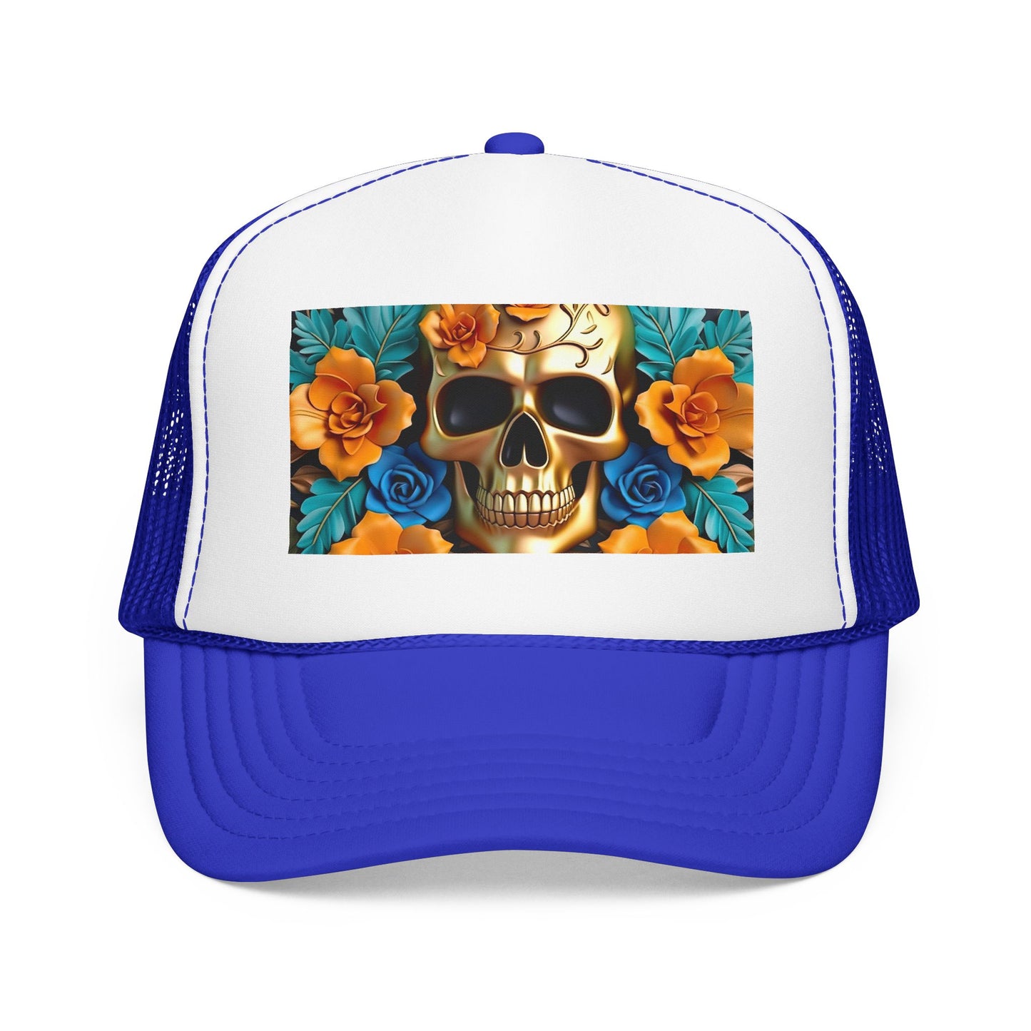 Sugar Skull Trucker Hat — Floral Day of the Dead Foam Cap