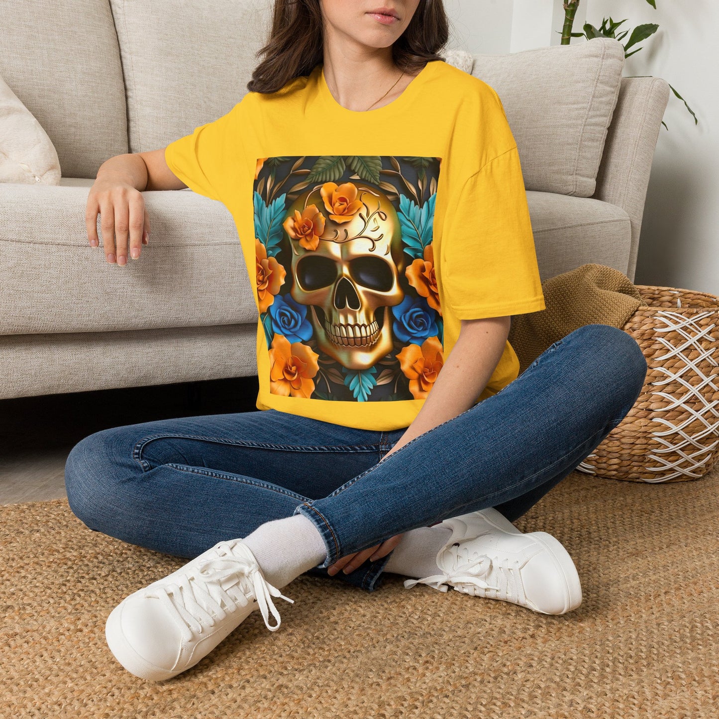 Floral Skull T-Shirt — Day of the Dead Sugar Skull Tee with Orange Roses