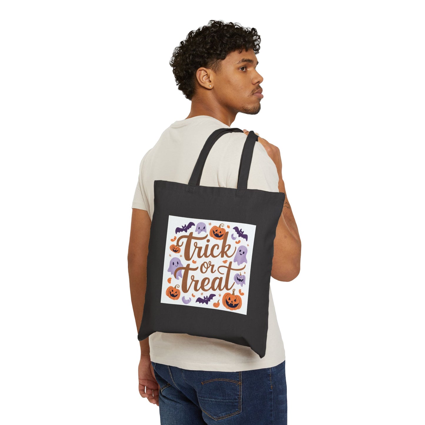 Halloween Trick or Treat Tote Bag — Cotton Canvas Candy Bag with Pumpkins & Ghosts