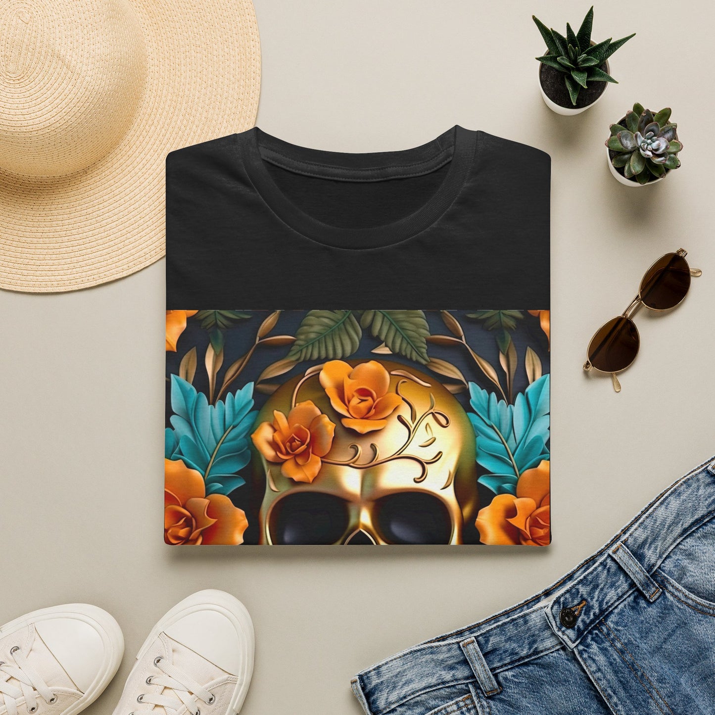 Floral Skull T-Shirt — Day of the Dead Sugar Skull Tee with Orange Roses