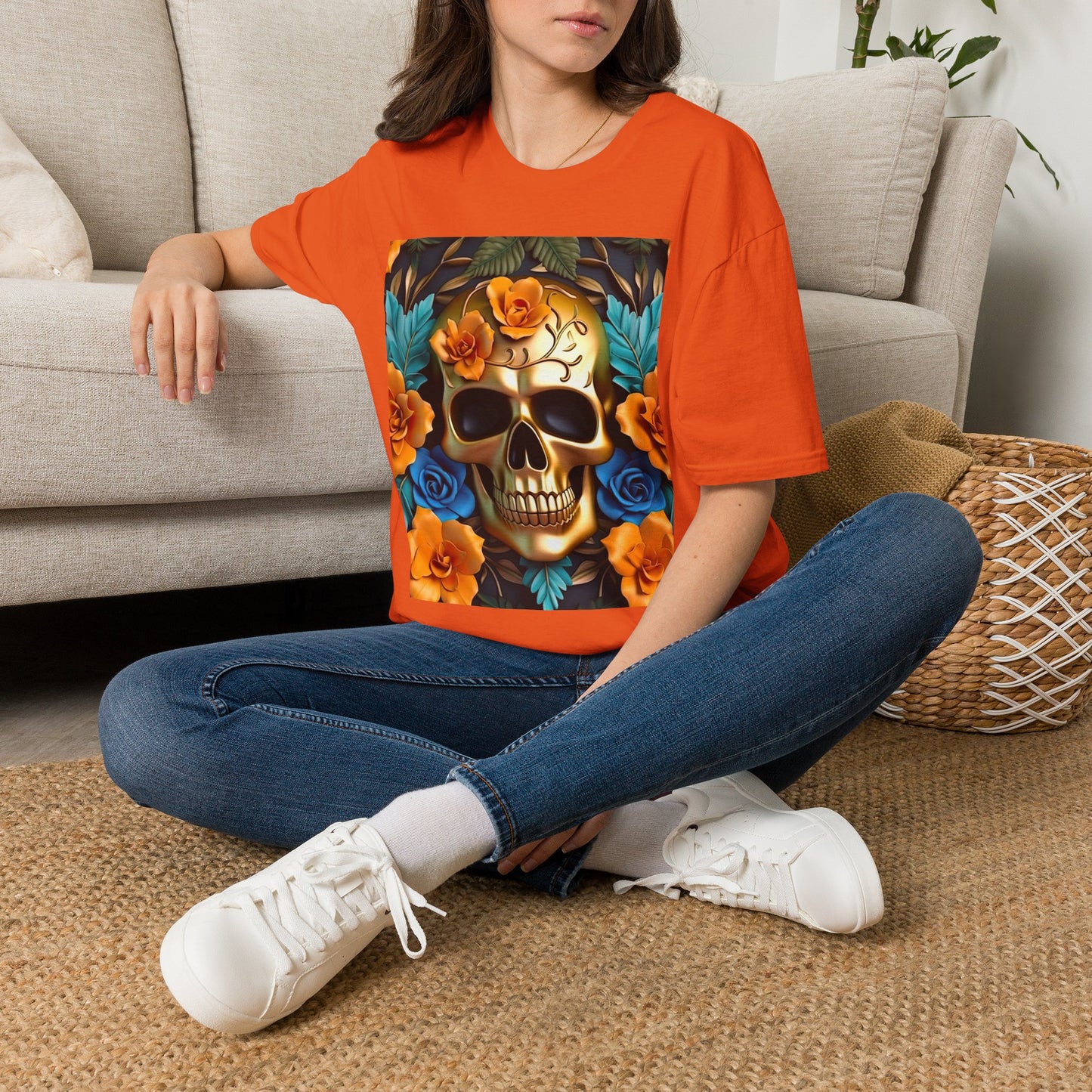 Floral Skull T-Shirt — Day of the Dead Sugar Skull Tee with Orange Roses