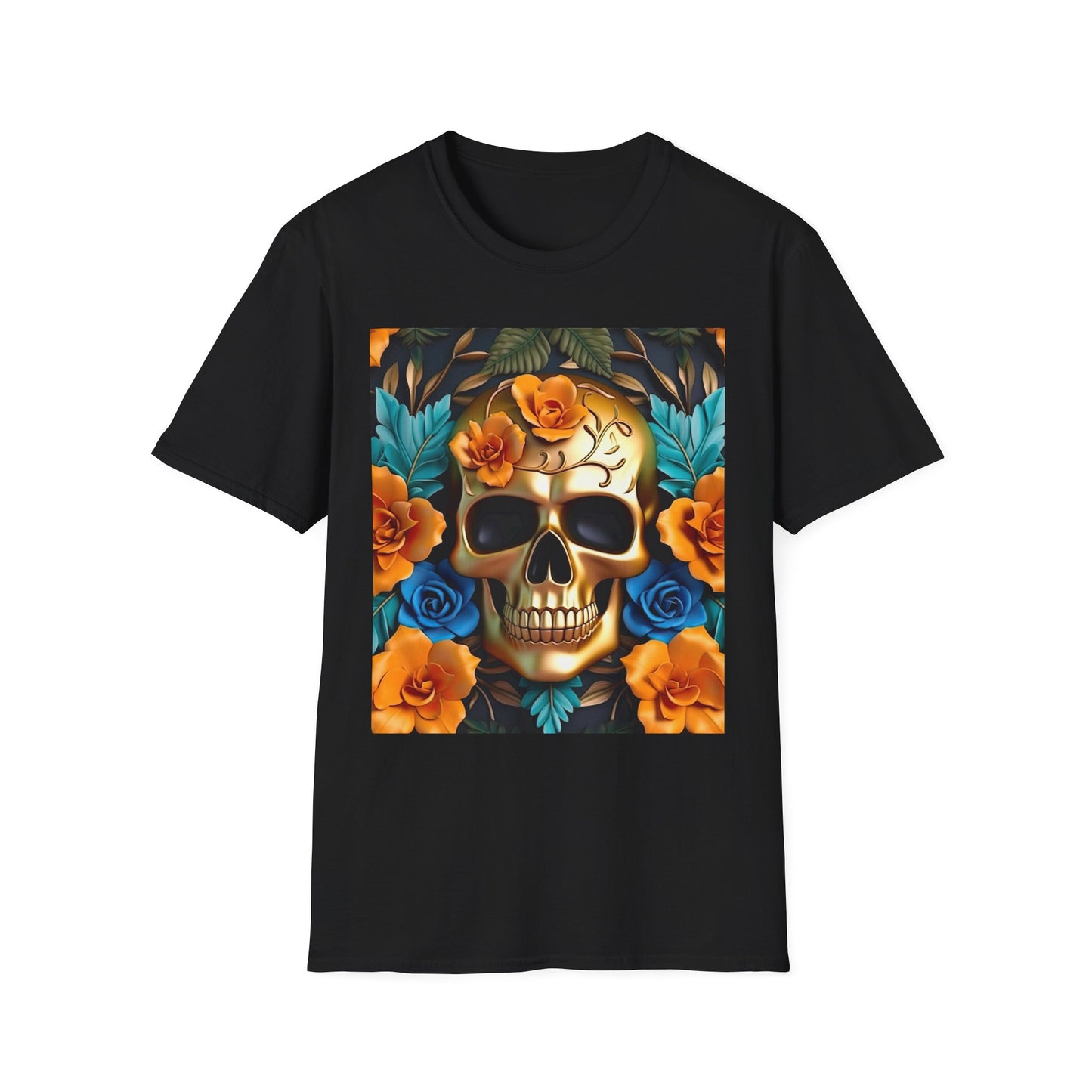 Floral Skull T-Shirt — Day of the Dead Sugar Skull Tee with Orange Roses