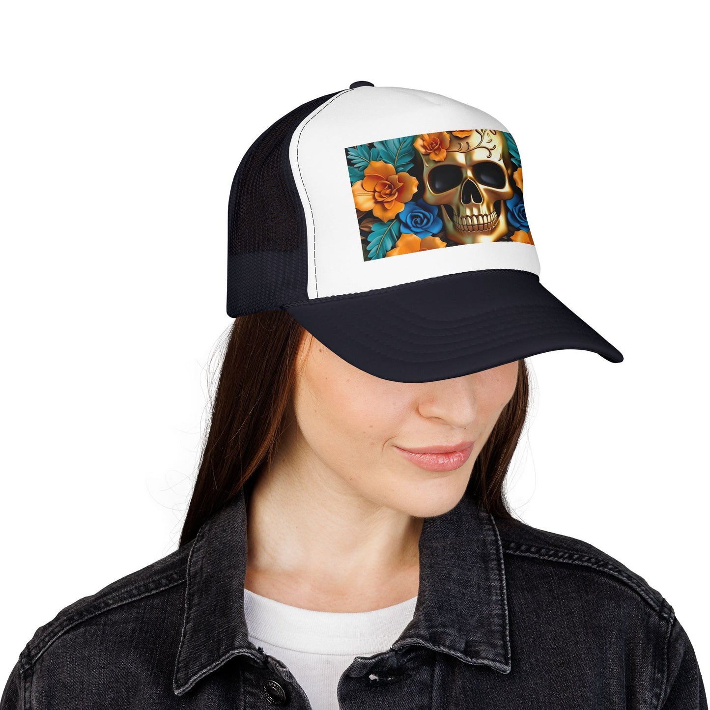 Sugar Skull Trucker Hat — Floral Day of the Dead Foam Cap