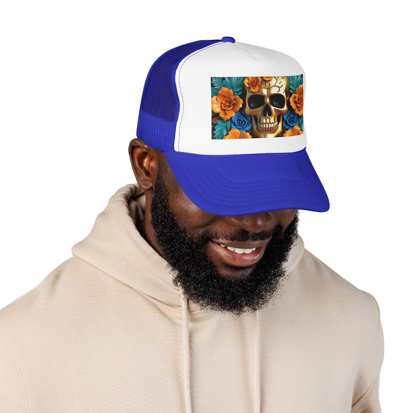 Sugar Skull Trucker Hat — Floral Day of the Dead Foam Cap