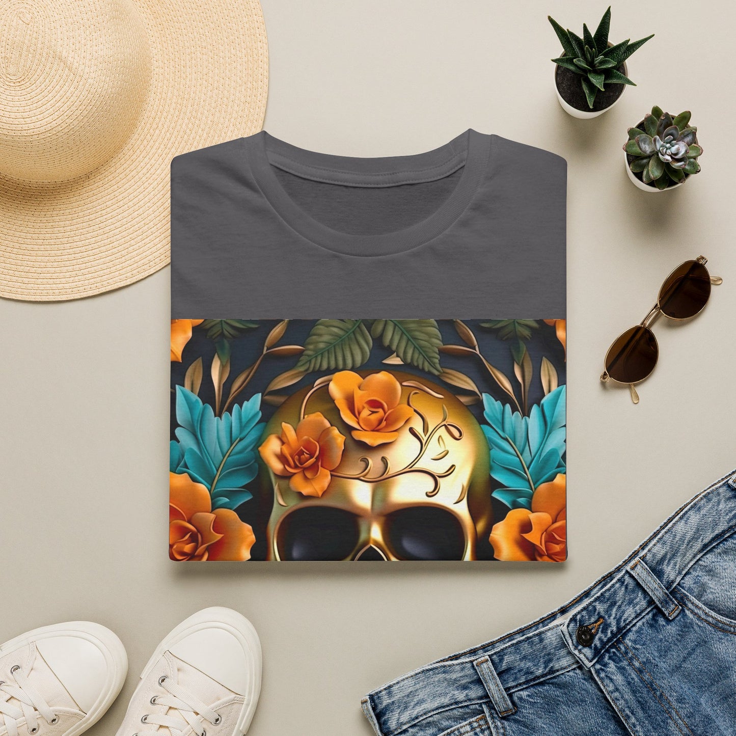 Floral Skull T-Shirt — Day of the Dead Sugar Skull Tee with Orange Roses