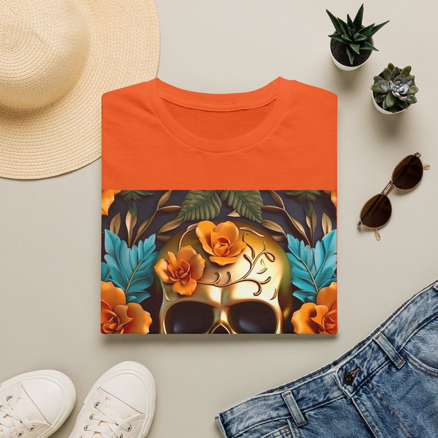 Floral Skull T-Shirt — Day of the Dead Sugar Skull Tee with Orange Roses