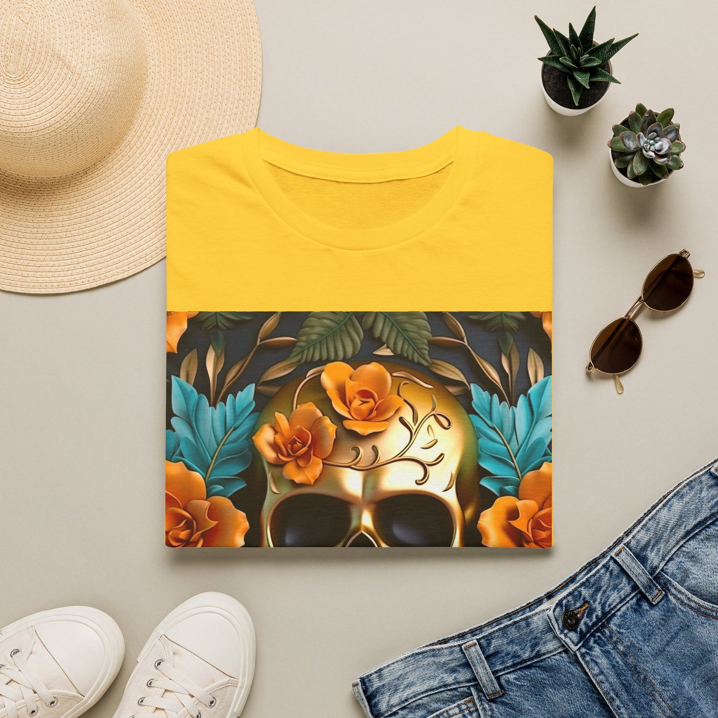 Floral Skull T-Shirt — Day of the Dead Sugar Skull Tee with Orange Roses