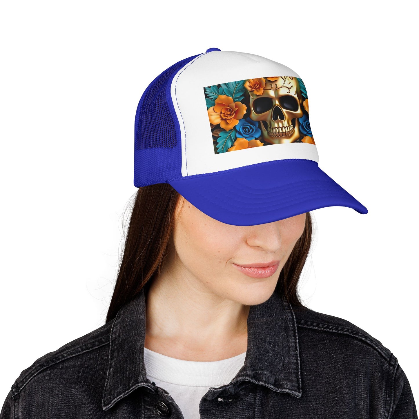 Sugar Skull Trucker Hat — Floral Day of the Dead Foam Cap