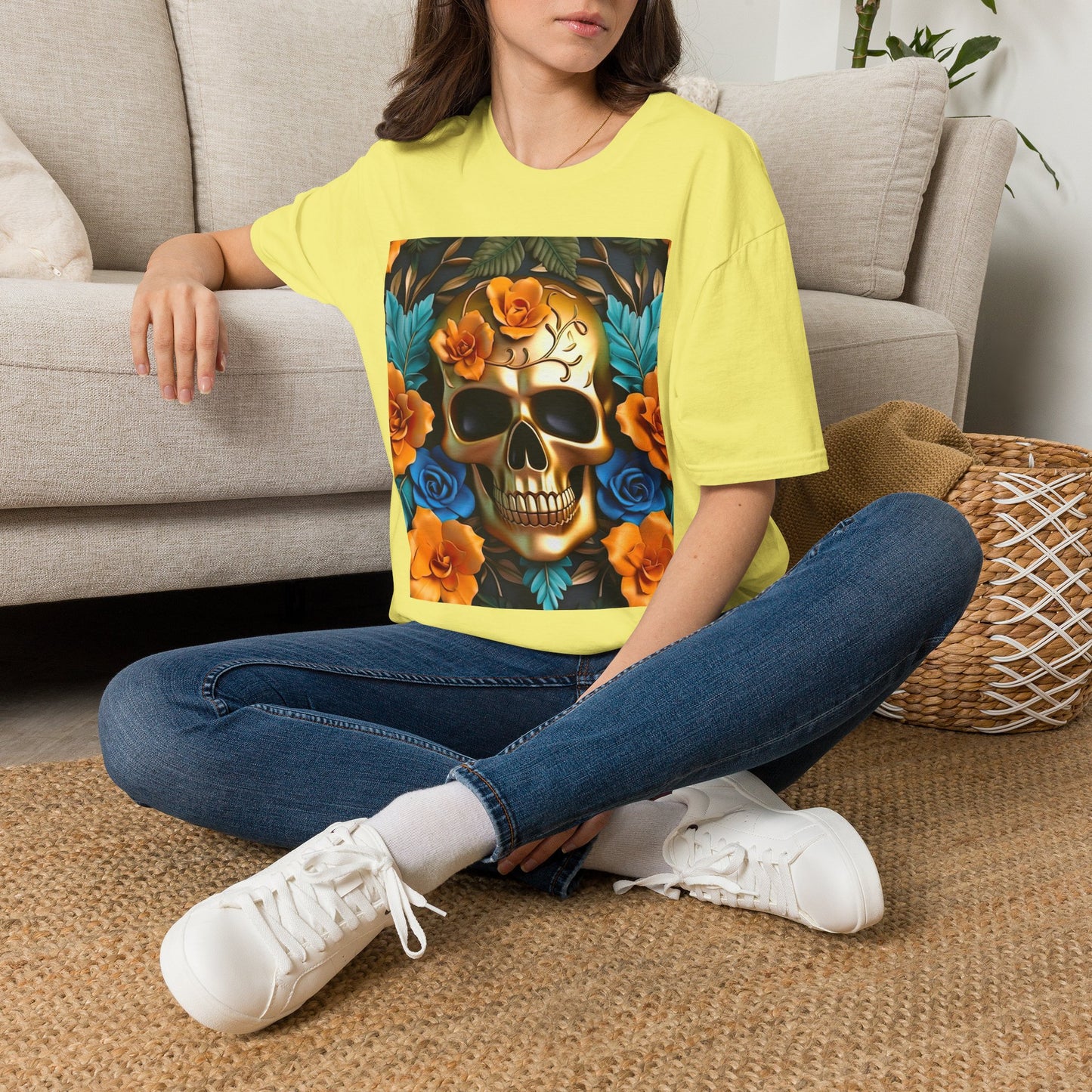 Floral Skull T-Shirt — Day of the Dead Sugar Skull Tee with Orange Roses
