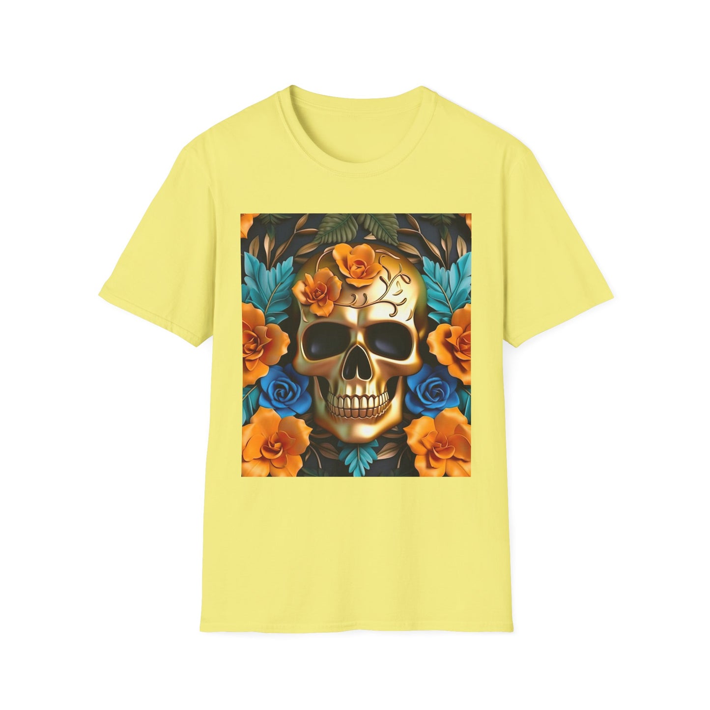 Floral Skull T-Shirt — Day of the Dead Sugar Skull Tee with Orange Roses