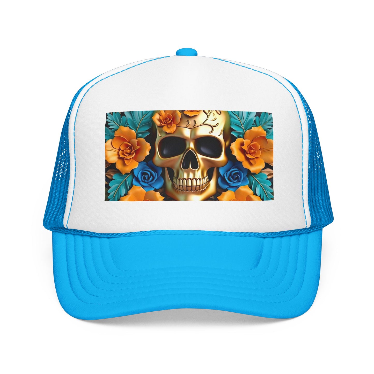 Sugar Skull Trucker Hat — Floral Day of the Dead Foam Cap