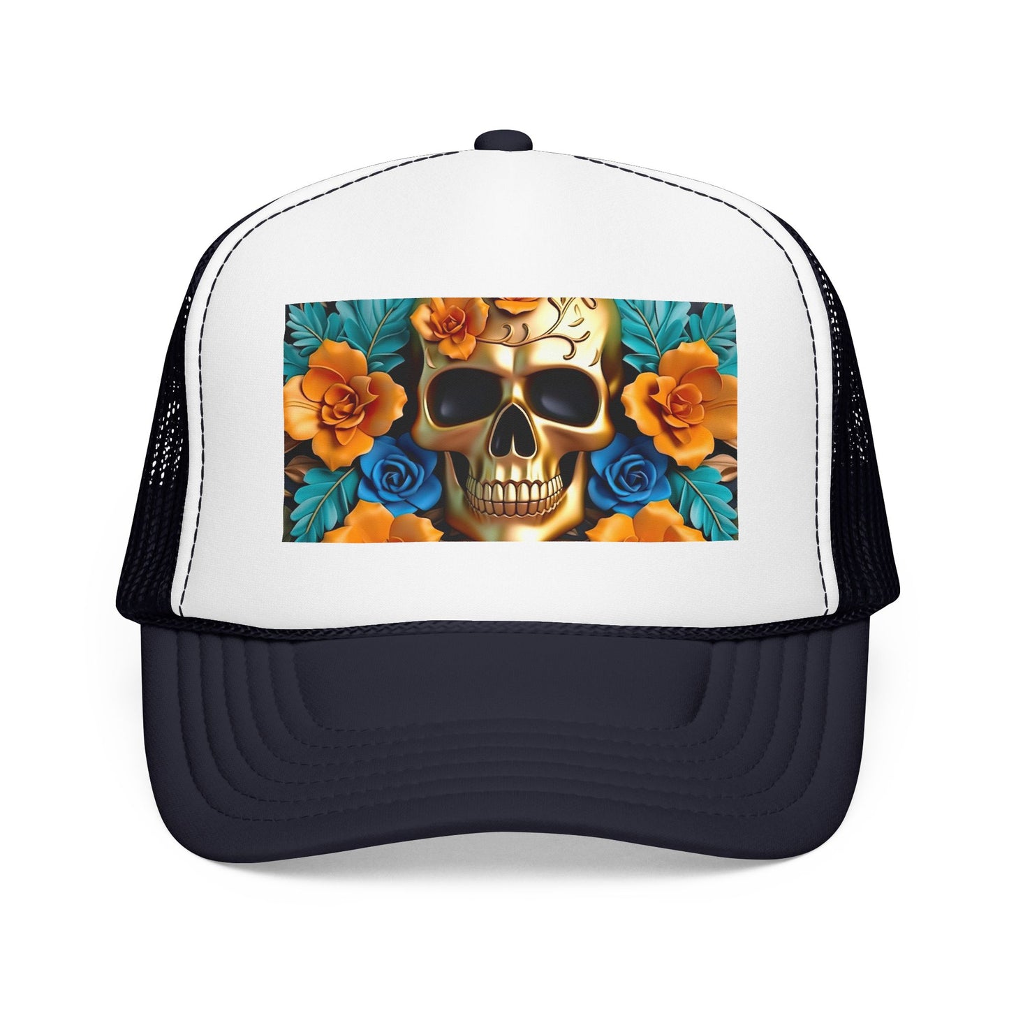 Sugar Skull Trucker Hat — Floral Day of the Dead Foam Cap