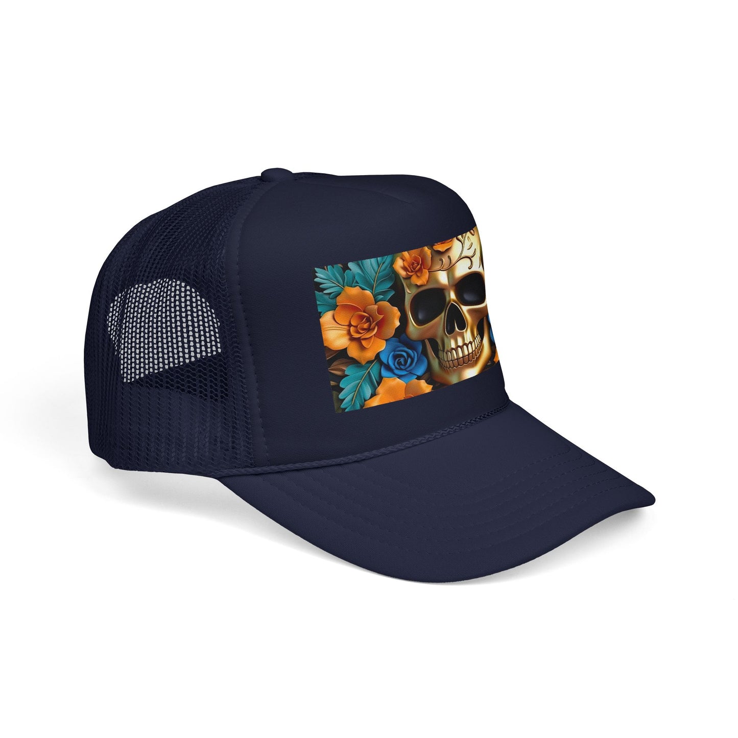 Sugar Skull Trucker Hat — Floral Day of the Dead Foam Cap