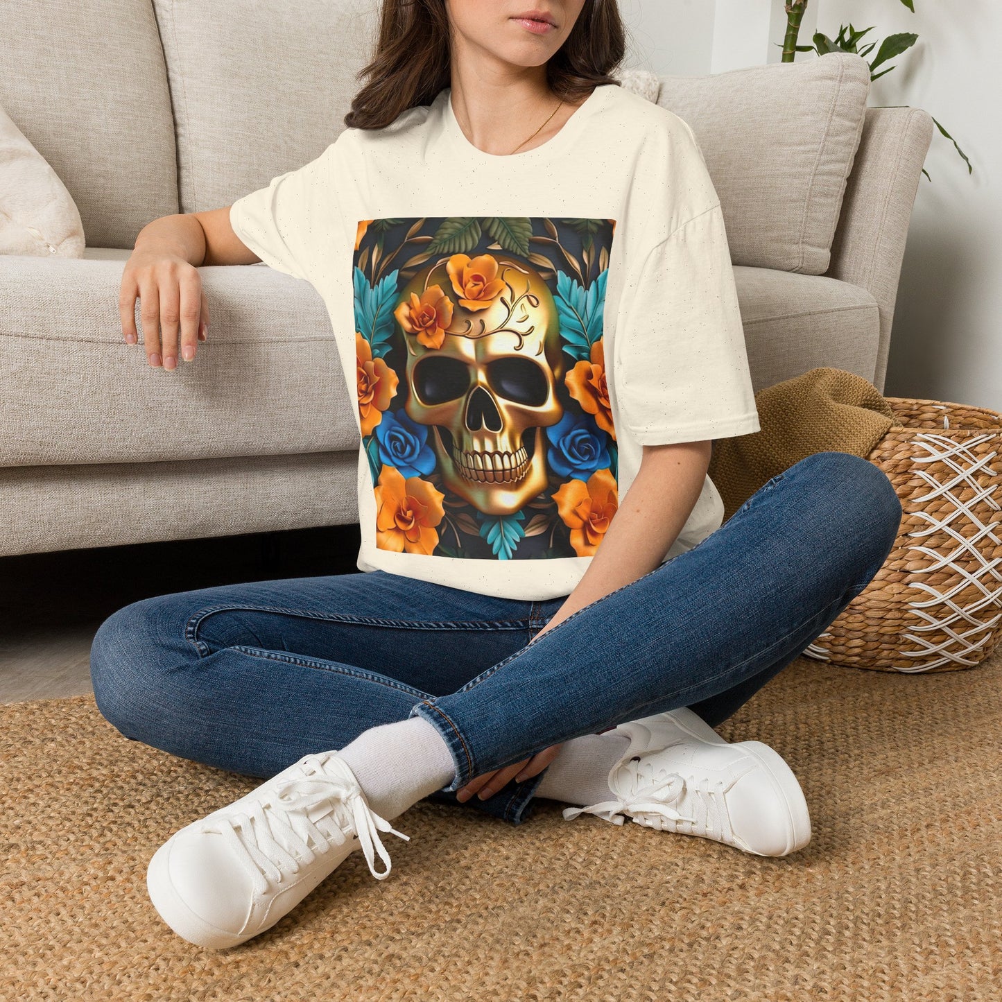 Floral Skull T-Shirt — Day of the Dead Sugar Skull Tee with Orange Roses