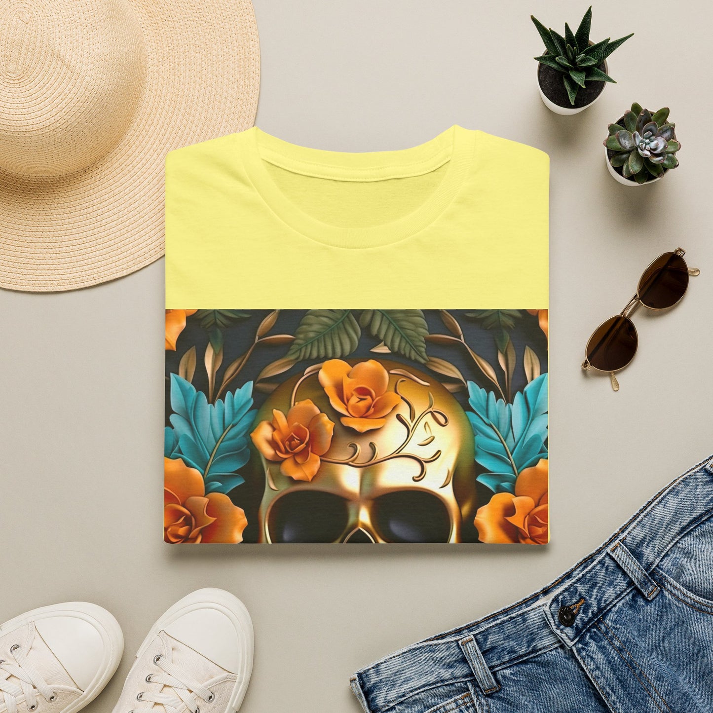 Floral Skull T-Shirt — Day of the Dead Sugar Skull Tee with Orange Roses