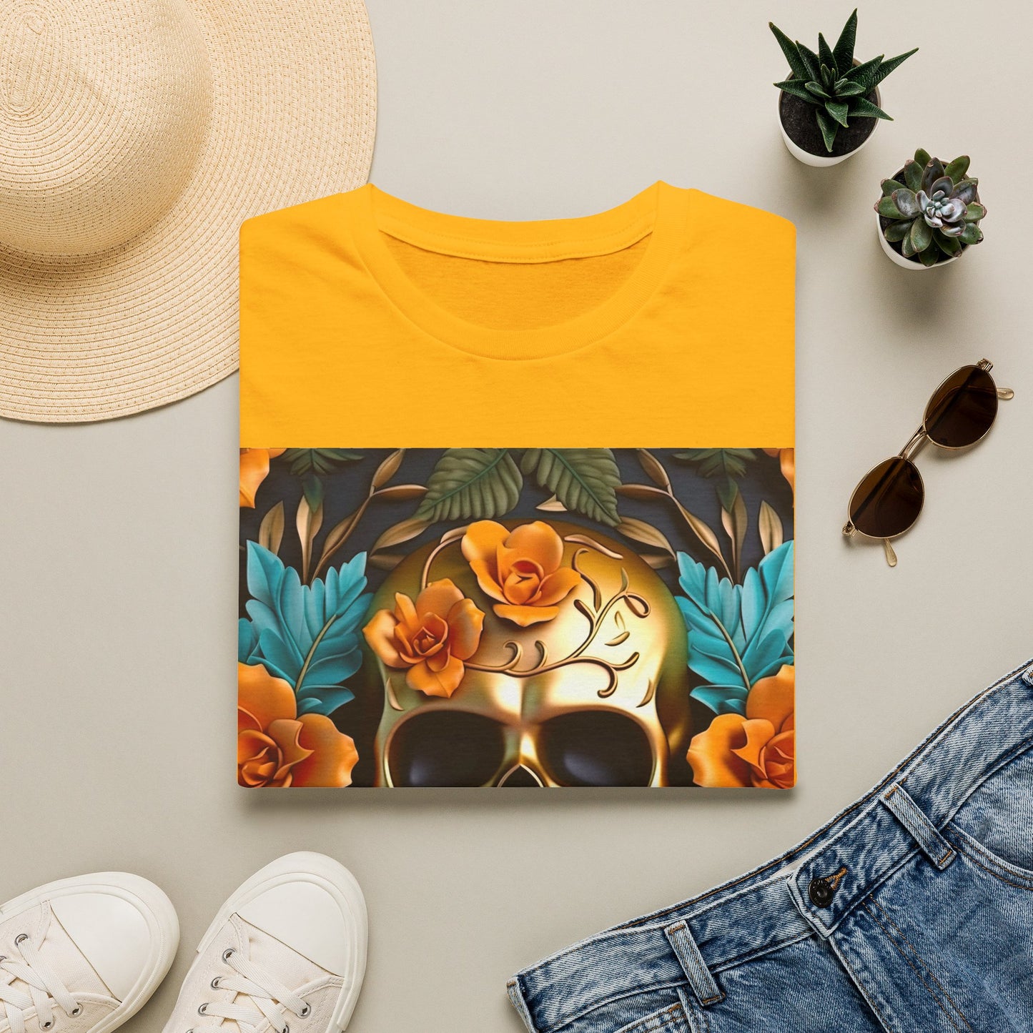 Floral Skull T-Shirt — Day of the Dead Sugar Skull Tee with Orange Roses