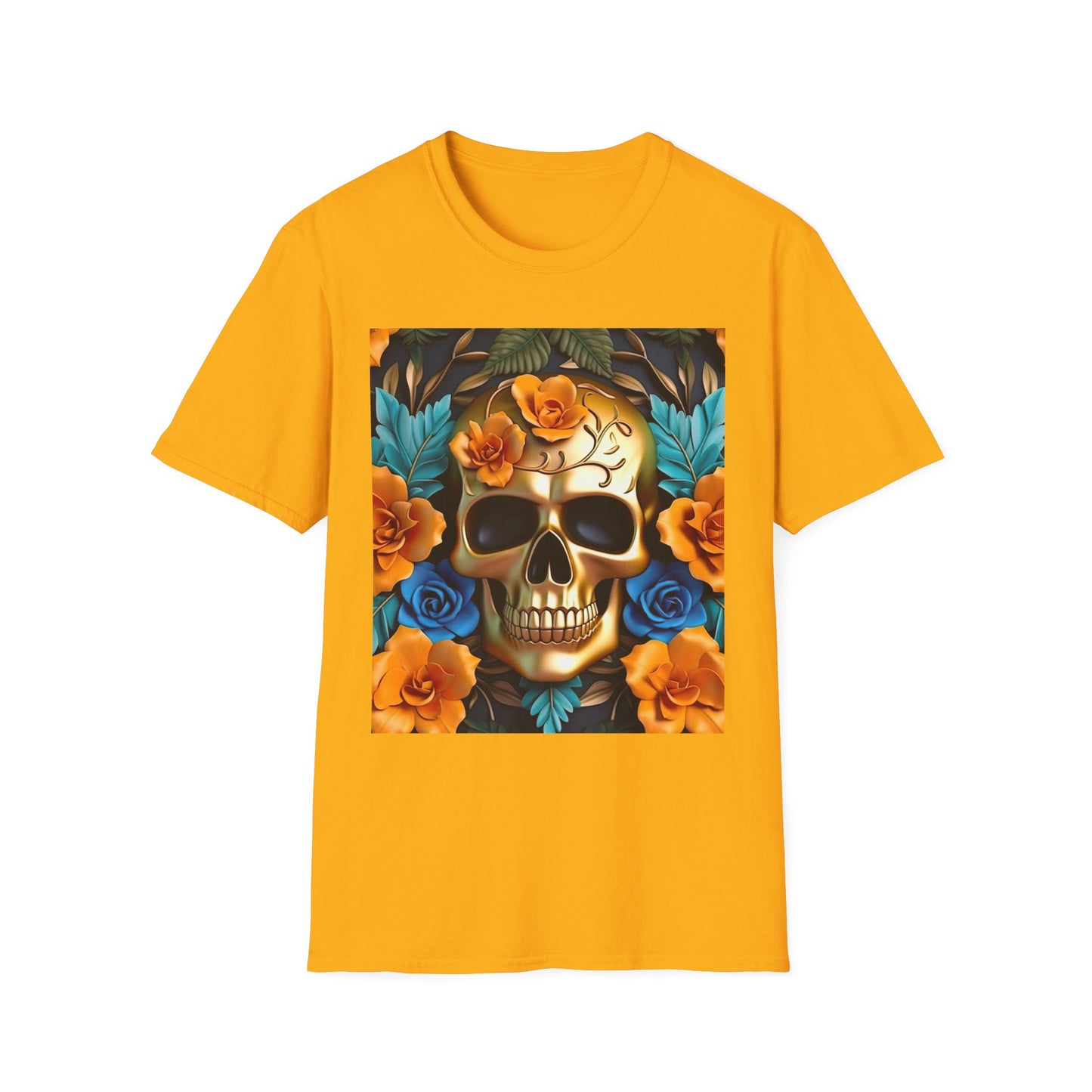 Floral Skull T-Shirt — Day of the Dead Sugar Skull Tee with Orange Roses