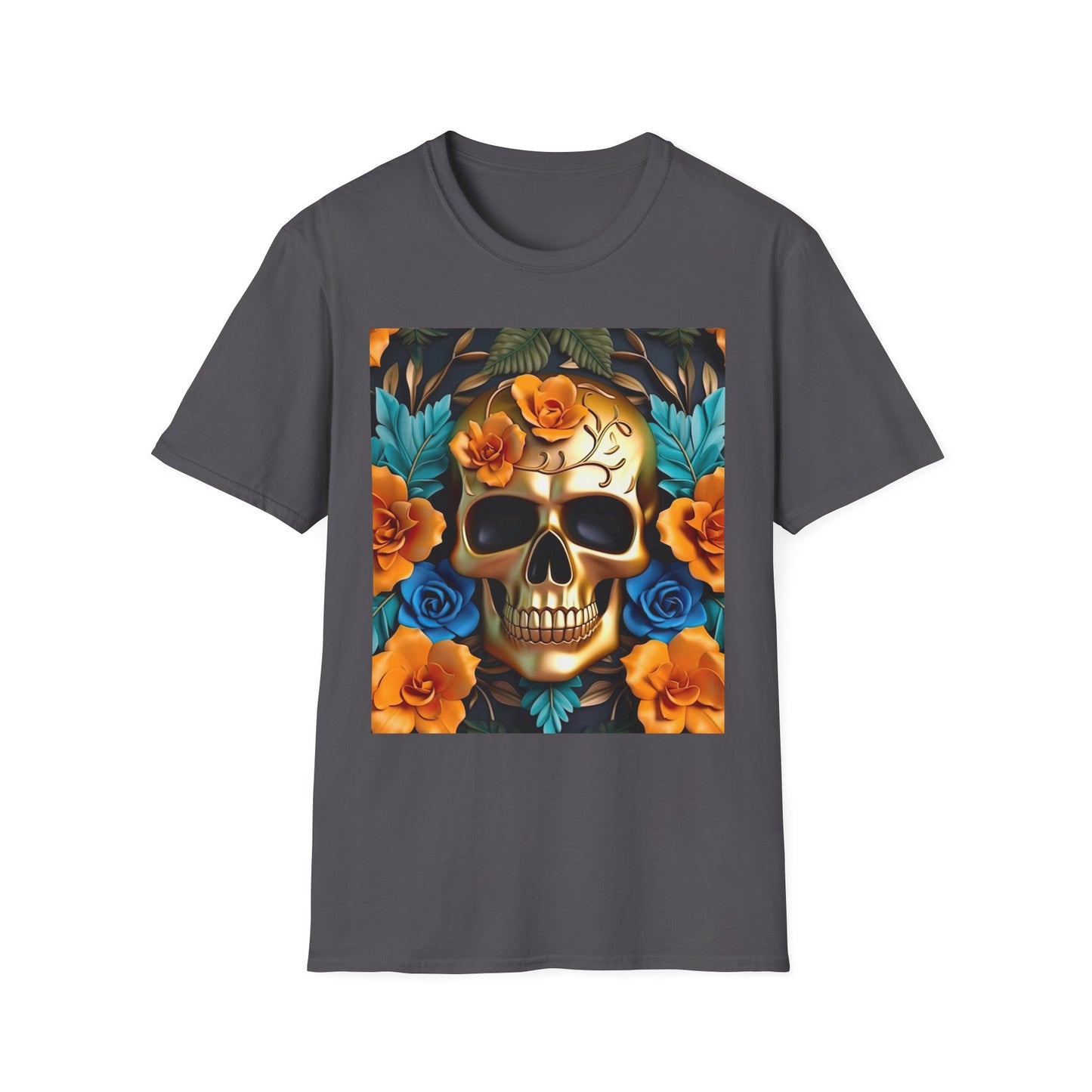 Floral Skull T-Shirt — Day of the Dead Sugar Skull Tee with Orange Roses