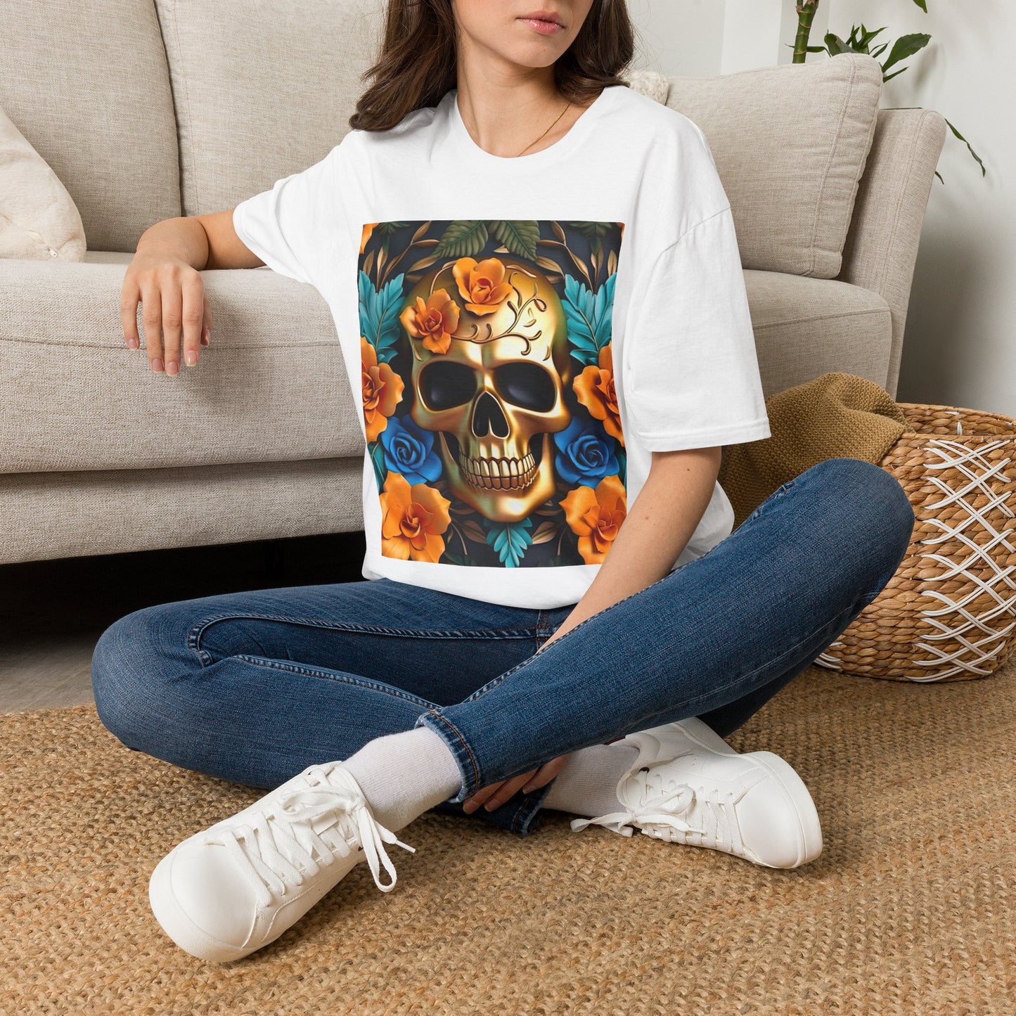 Floral Skull T-Shirt — Day of the Dead Sugar Skull Tee with Orange Roses