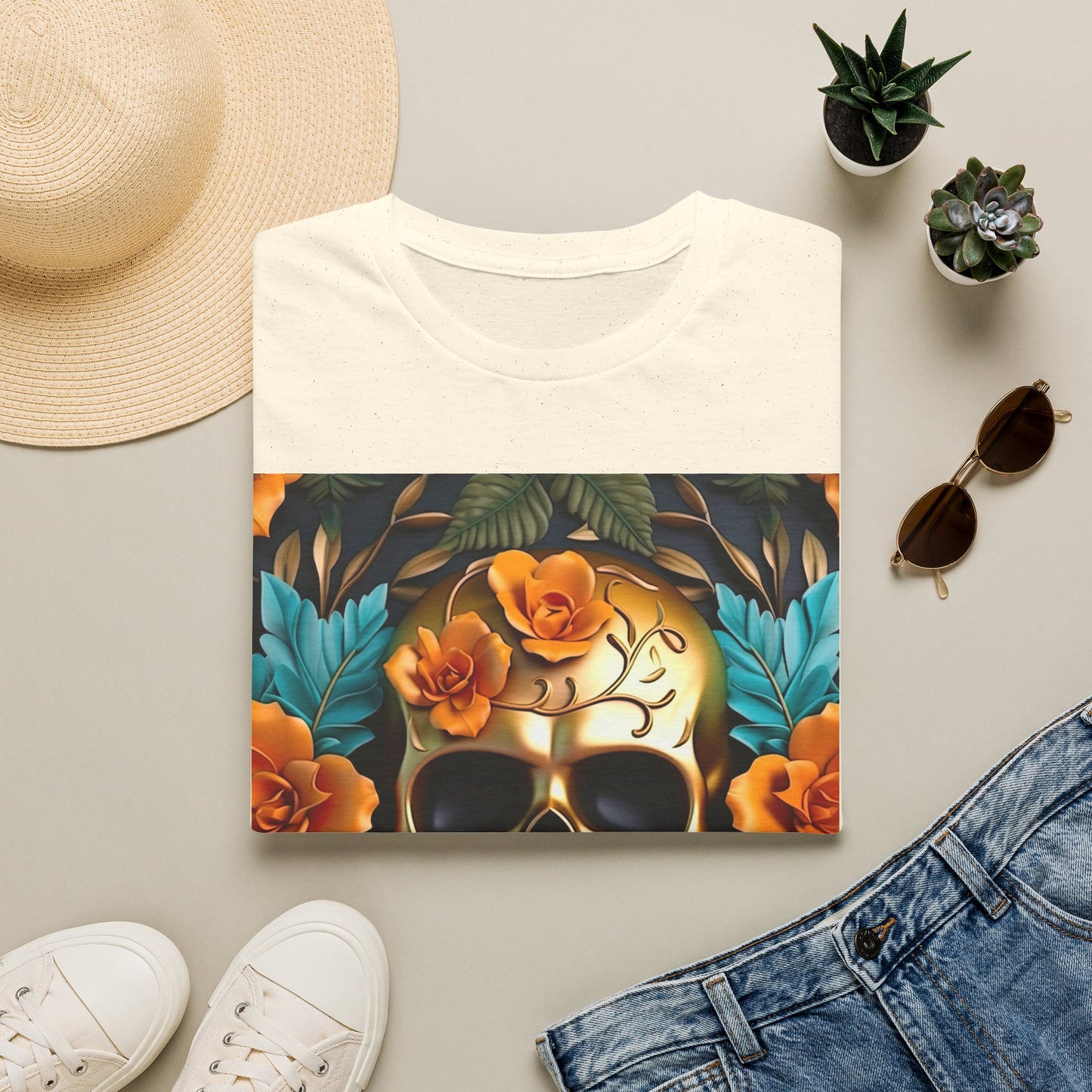 Floral Skull T-Shirt — Day of the Dead Sugar Skull Tee with Orange Roses