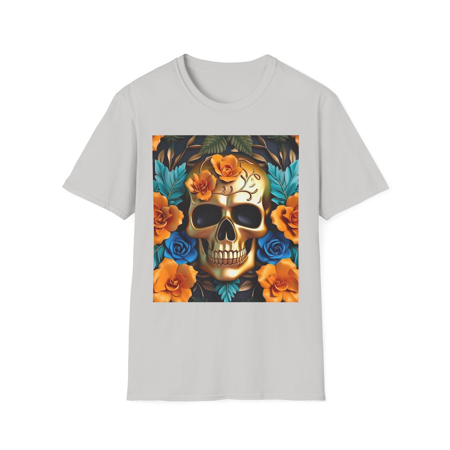 Floral Skull T-Shirt — Day of the Dead Sugar Skull Tee with Orange Roses