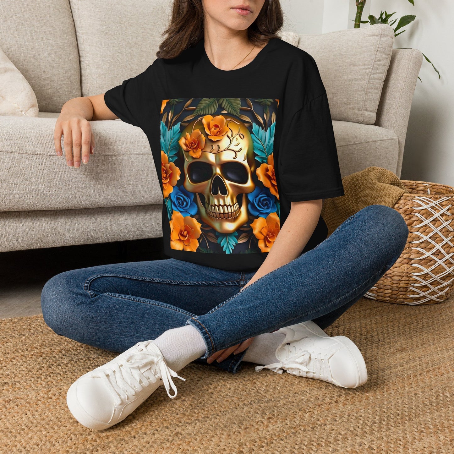 Floral Skull T-Shirt — Day of the Dead Sugar Skull Tee with Orange Roses