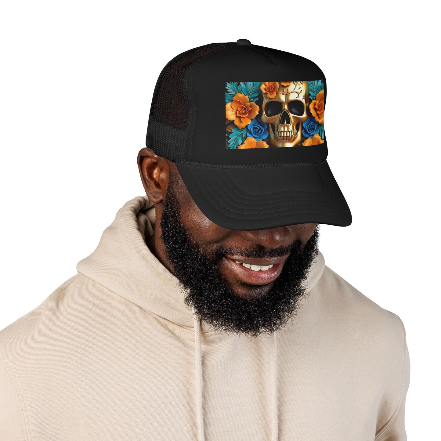 Sugar Skull Trucker Hat — Floral Day of the Dead Foam Cap