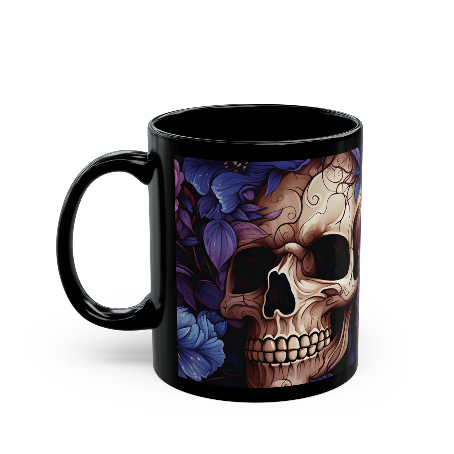 Skull & Purple Roses Black Mug — Gothic Floral Coffee Cup (11oz/15oz)