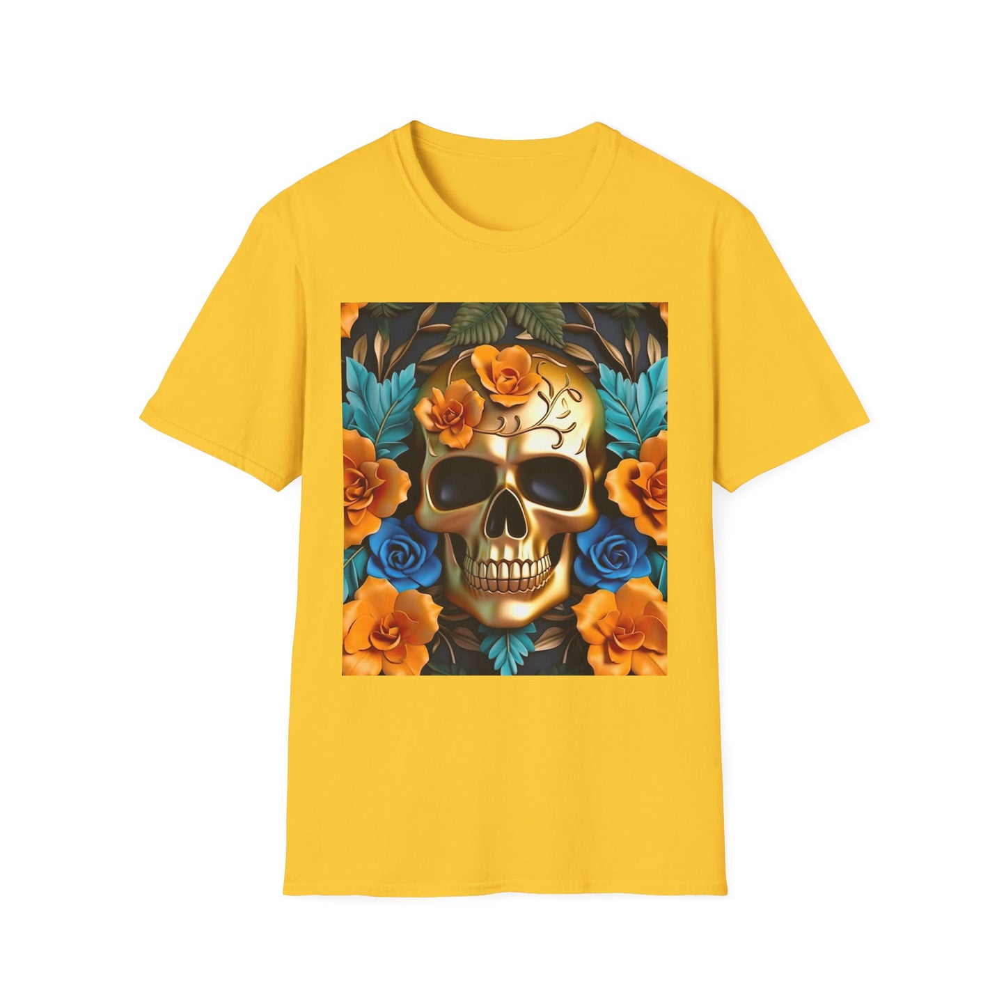 Floral Skull T-Shirt — Day of the Dead Sugar Skull Tee with Orange Roses