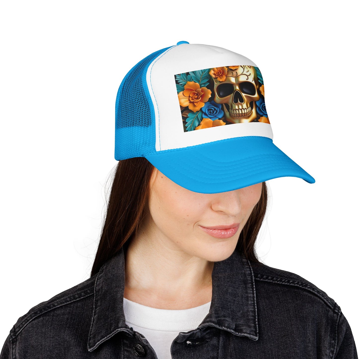 Sugar Skull Trucker Hat — Floral Day of the Dead Foam Cap