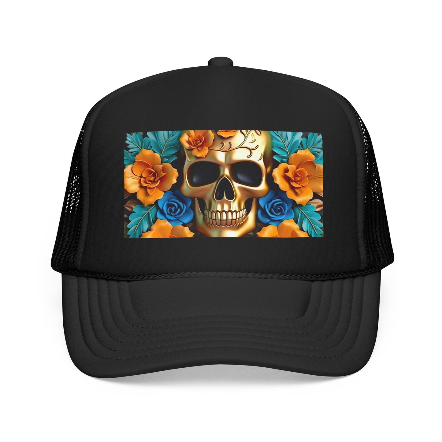 Sugar Skull Trucker Hat — Floral Day of the Dead Foam Cap